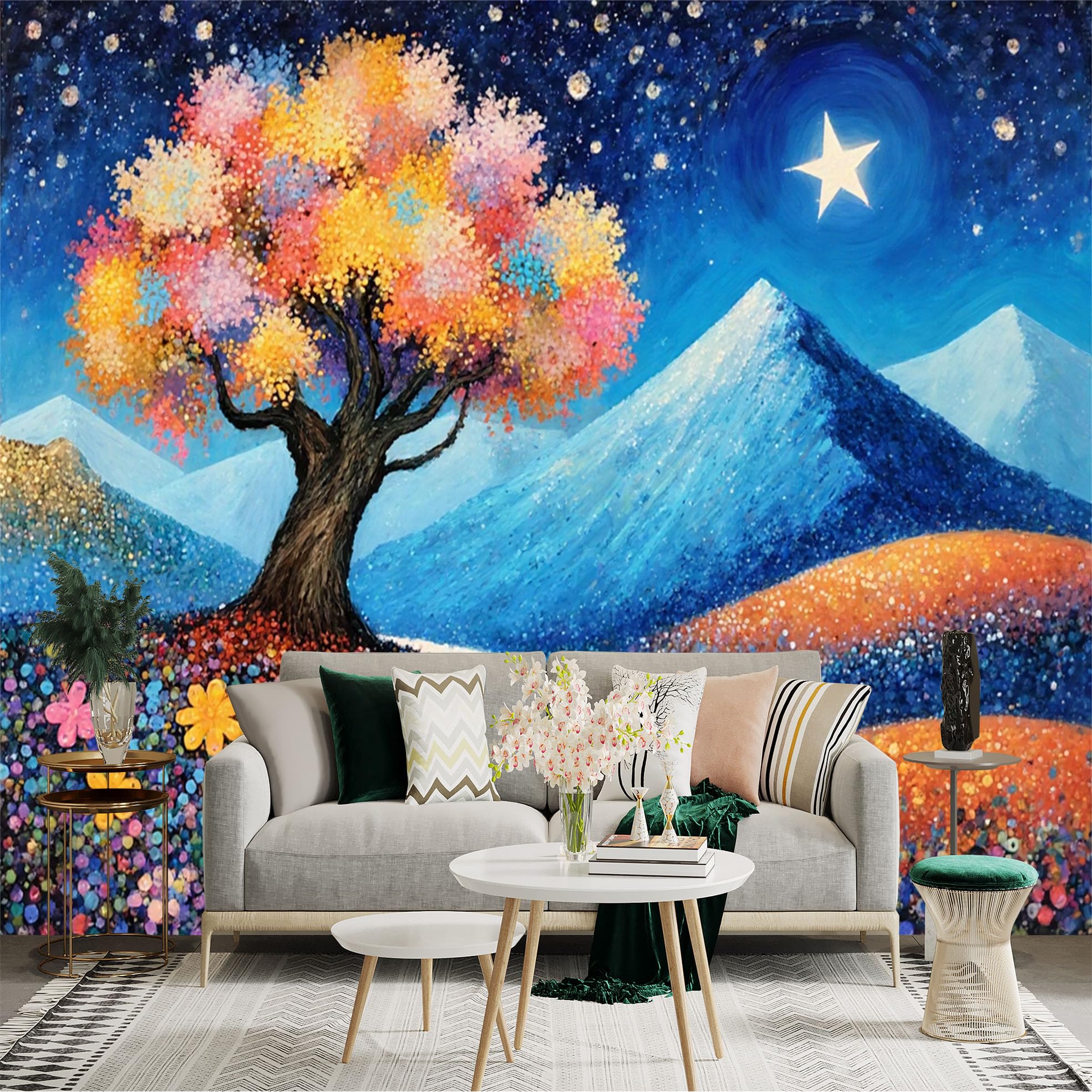 Custom Size Wall Sticker Mural， Colorful Blooming Tree， Snowy Mountains， Starry Night Landscape， Vibrant Floral Meadow， for wall Decoration， peelandstick wall Decals.