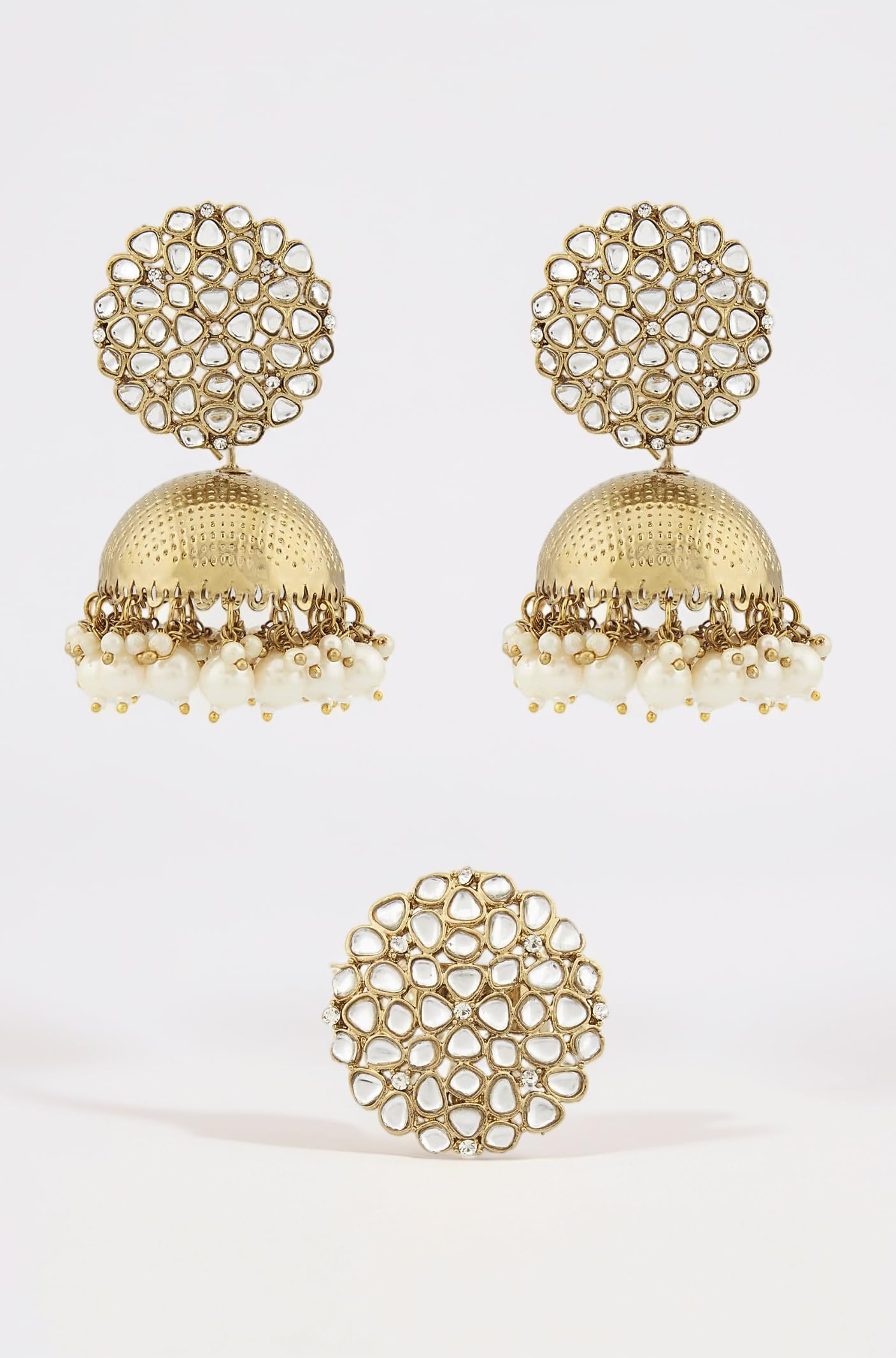 ZAVERI PEARLS Antique Gold Tone Traditional Kundan Jhumki Earring & Ring Set For Women-ZPFK13163