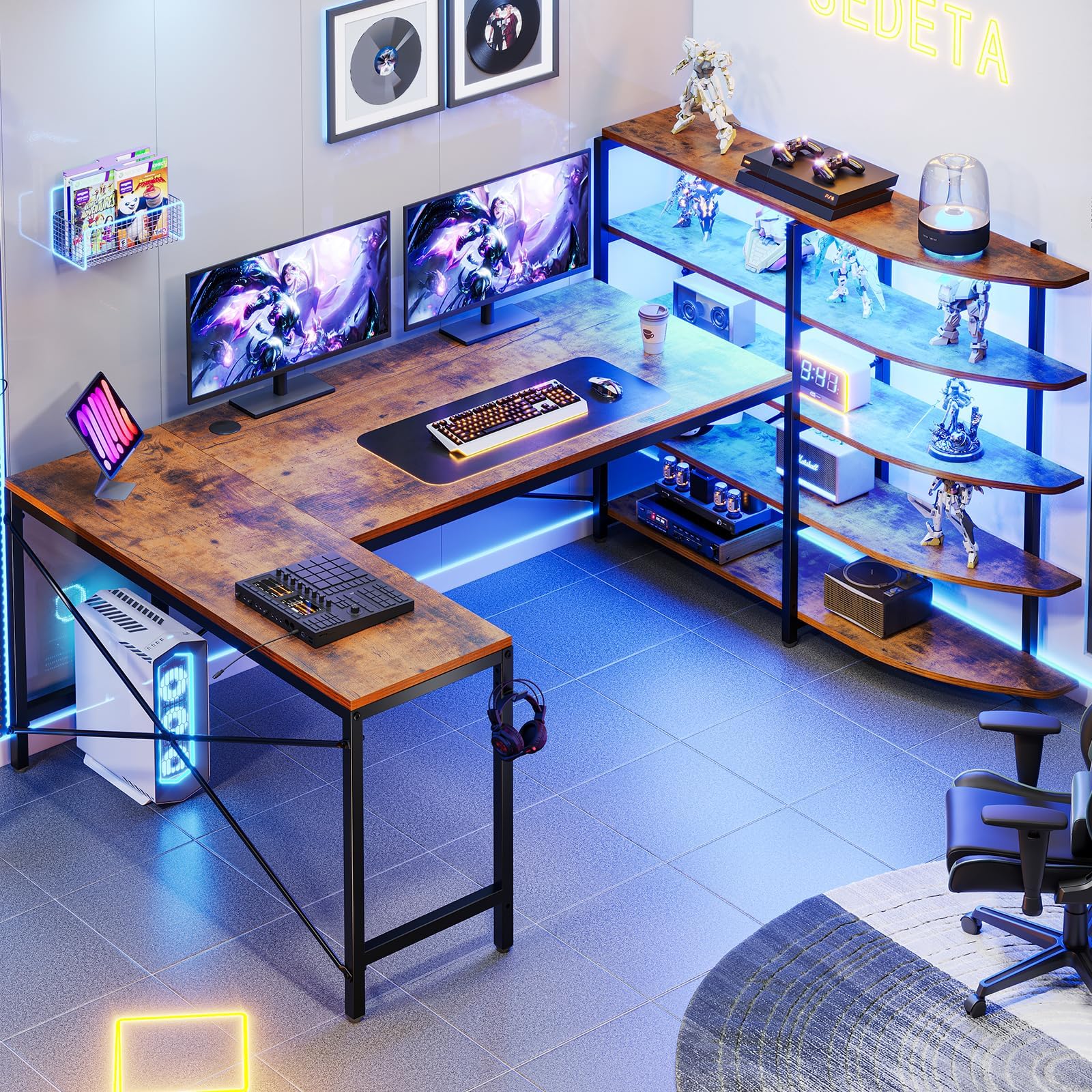 SEDETA L Shaped Desk with Storage Shelves, 62.6" U Shaped Computer Desk, L Shaped Gaming with LED Lights and Hook for Home Office, Rustic Brown