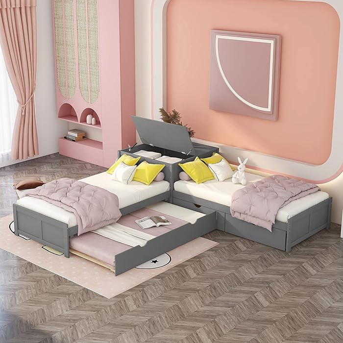 Buy LShaped Corner Platform Beds Frame with Trundle and Drawers Twin