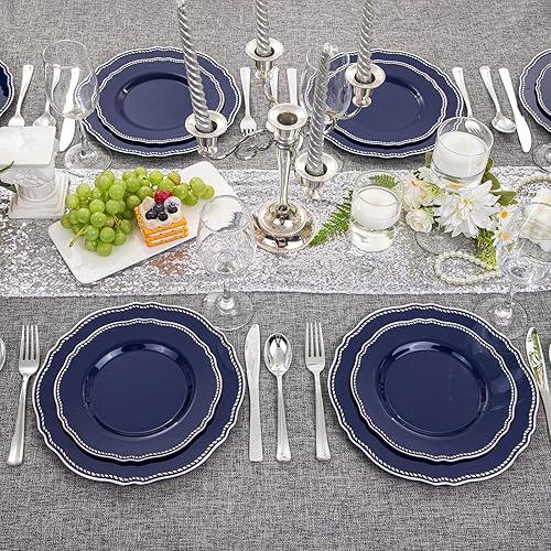 Miniatura 54 de Hioasis 60 platos de plástico dorados, vajilla desechable blanca y dorada con borde dorado, resistente, 10.25 pulgadas, platos llanos para fiestas