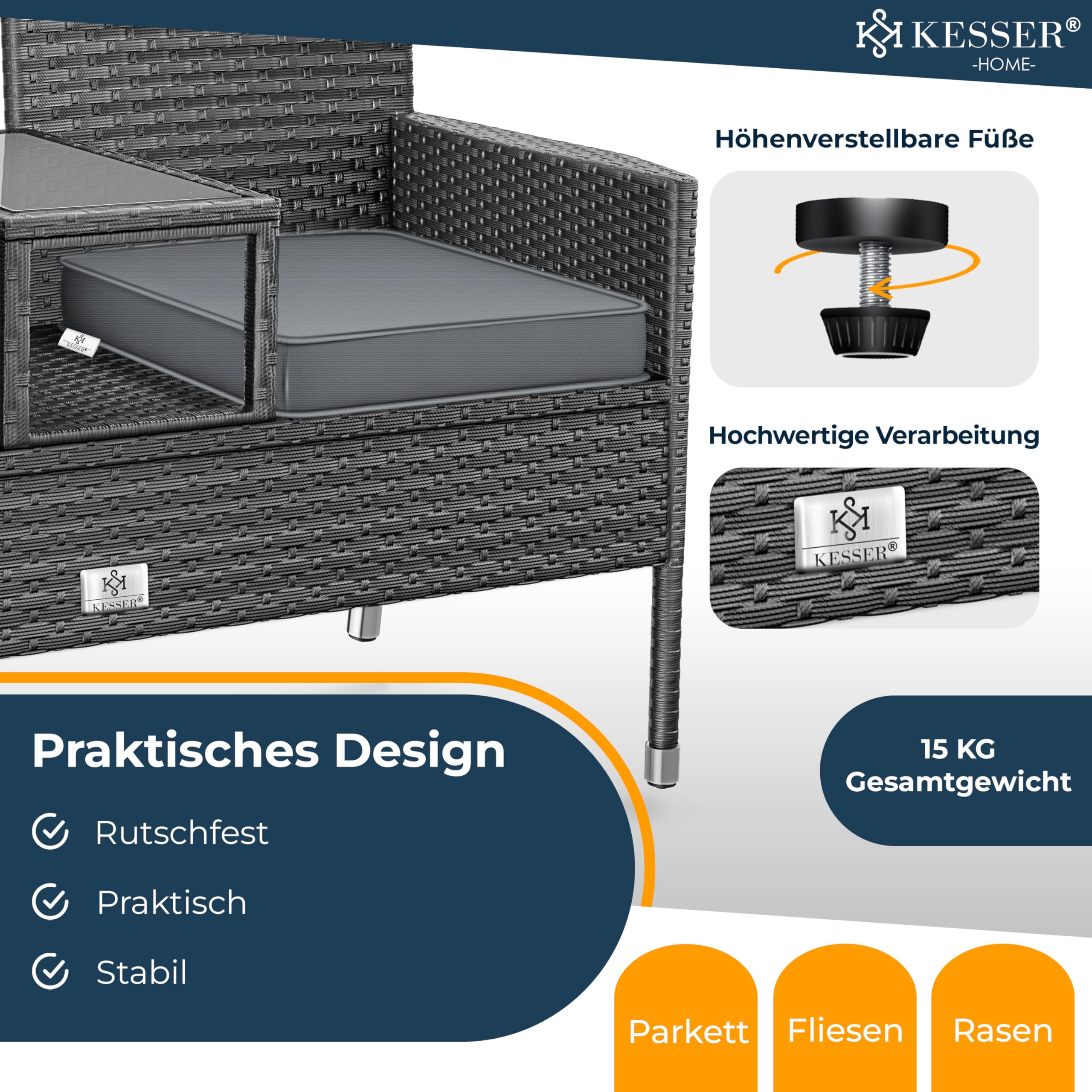 KESSER® Panca da giardino in polyrattan con tavolo integrato + cuscini, 2 posti, 133 × 55 × 84 cm, Panca in rattan, Giardino, Balcone, Divano da giardino - Resistente alle intemperie, Antracite