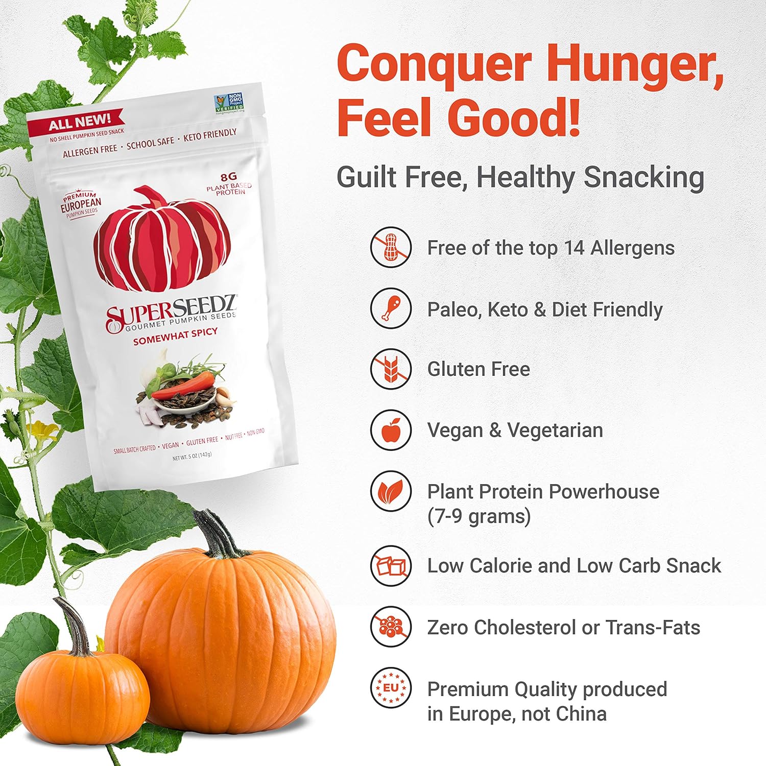 SuperSeedz Dry Roasted Pumpkin Seeds Somewhat Spicy – 8g Protein, Non-GMO Gluten-Free, Keto Snacks – Nut Free & School Friendly Organic Pumpkin Seeds – 5oz Bag Large European No Shell Pepitas (6 Pack)