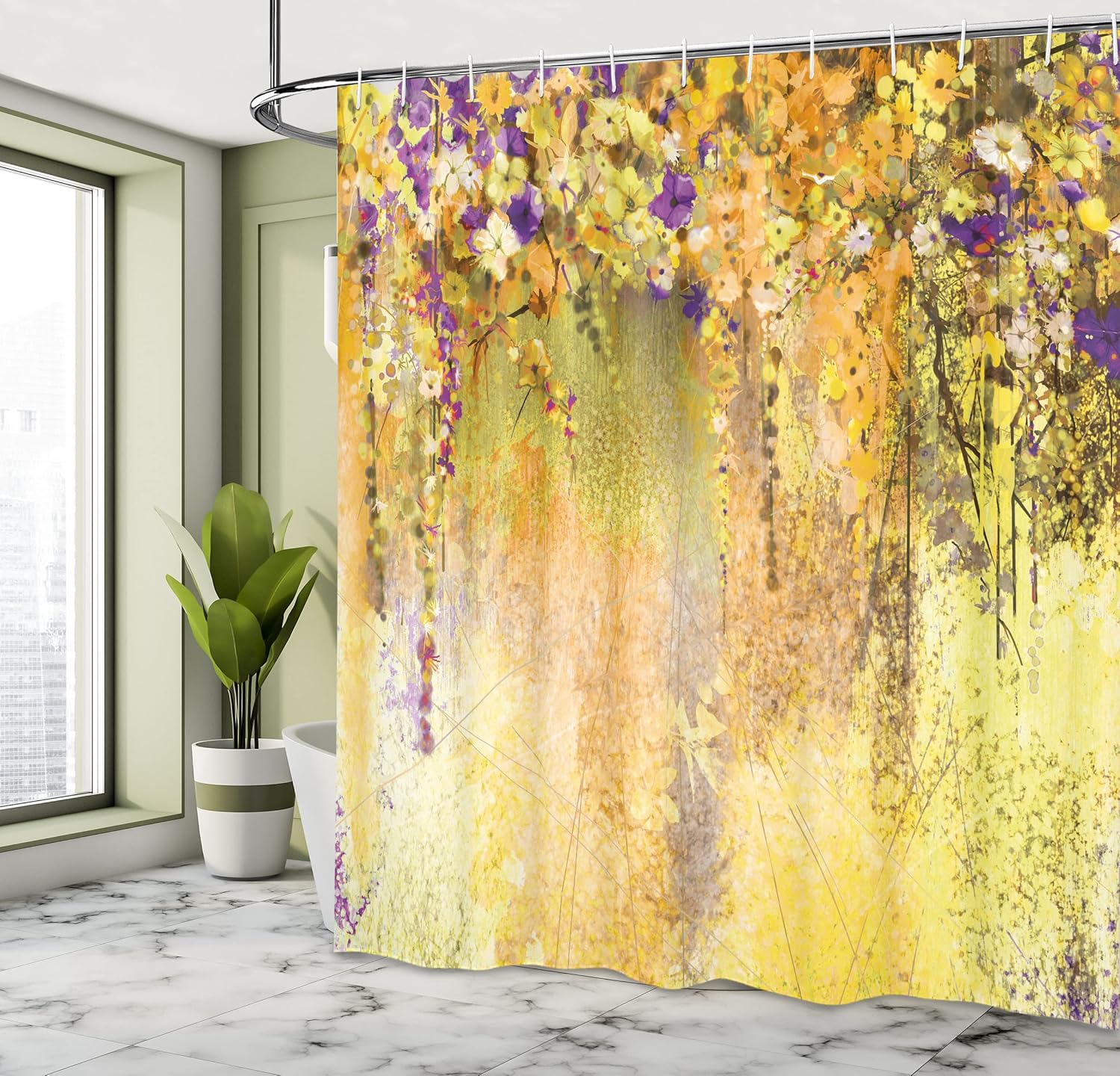 Ambesonne Flower Shower Curtain, Abstract Herbs Alternative Medicine Blossoms Ivy Back Florets Shrubs Design, Cloth Fabric Bathroom Decor Set with Hooks, 69" W x 70" L, Mustard Purple