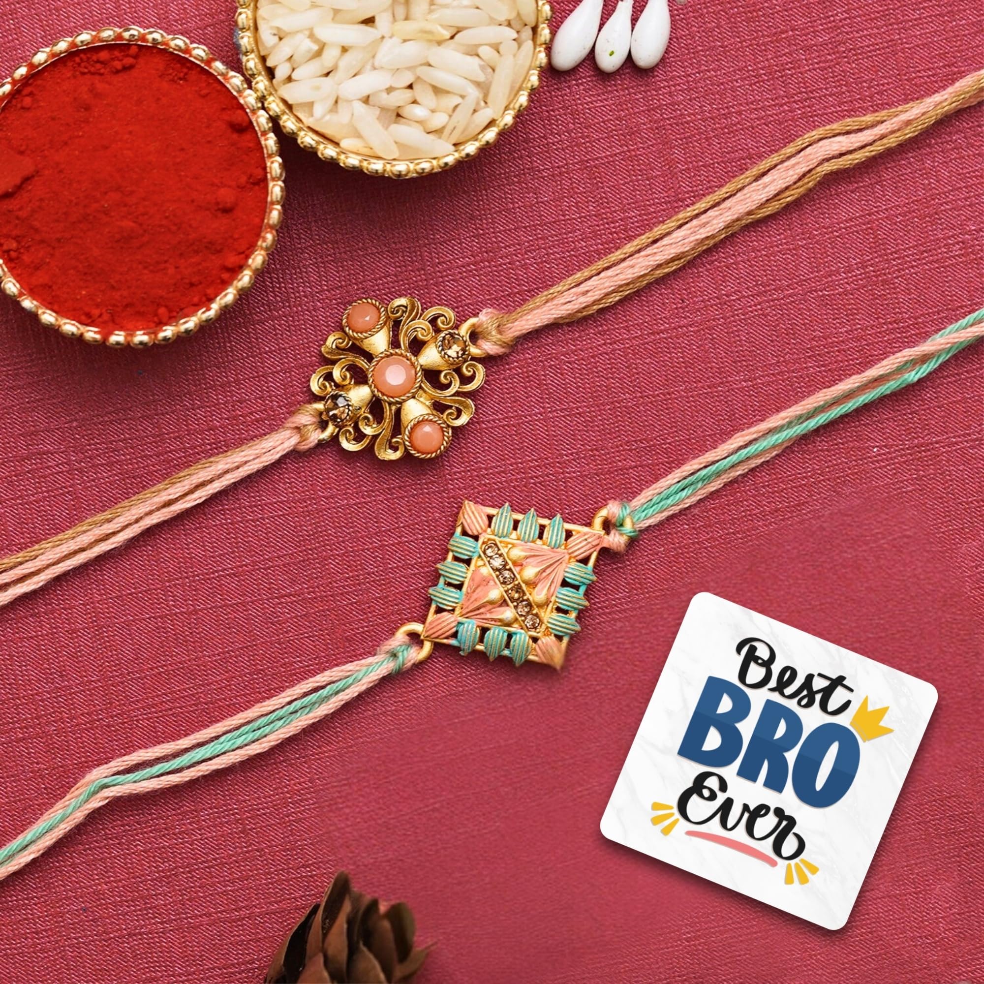 eCraftIndia Set of 2 Peach, Green & Golden Pearls, Designer Rakhis, Best Bro Ever Fridge Magnet with Roli Chawal Pack - Rakhi for Brother, Bhaiya, Bhai