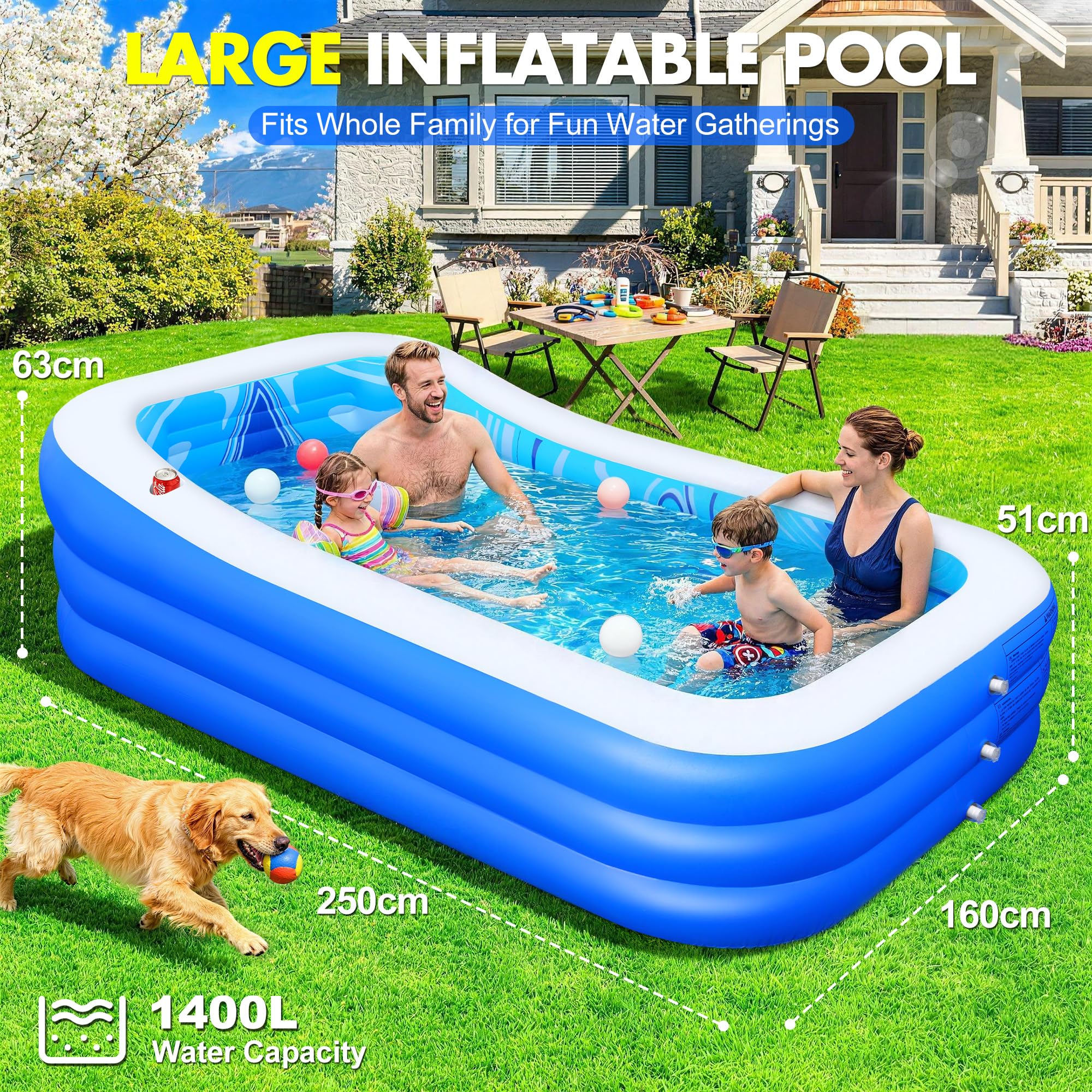 LuxBlue Piscina Hinchable Adultos, Piscina Inflable Familiar con Asiento y Respaldo, 0,5mm Espesor Grande Piscinas Hinchable Rectangular, 250*160*63cm Piscinas Insuflavel Adulto para Jardin Terraza