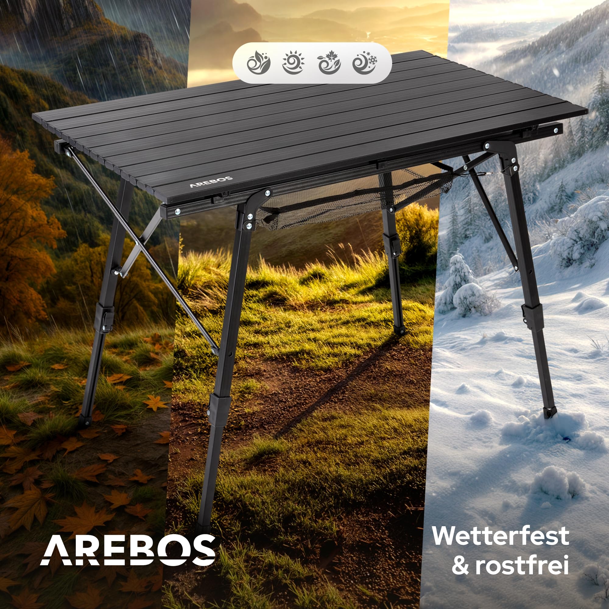 Arebos Campingtisch faltbar 120 x 70 cm | Klapptisch höhenverstellbar 58-78 cm | Camping Zubehör, Garten, Grill, Picknick | Camping Tisch klappbarer Falttisch | Reisetisch inkl. Tragetasche | Schwarz