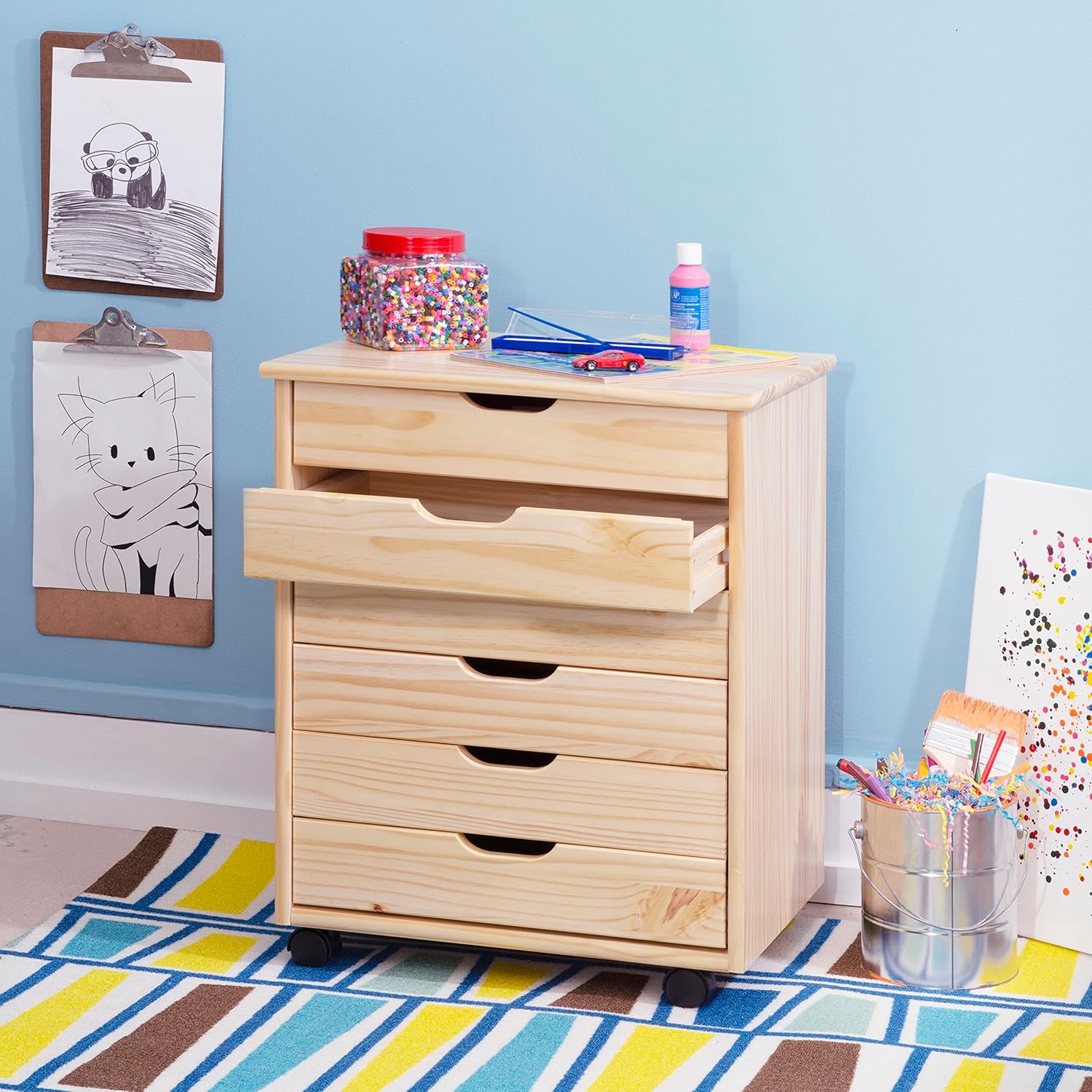 Linon Home Decor Products Corinne Six Drawer Wide, Natural Rolling Cart