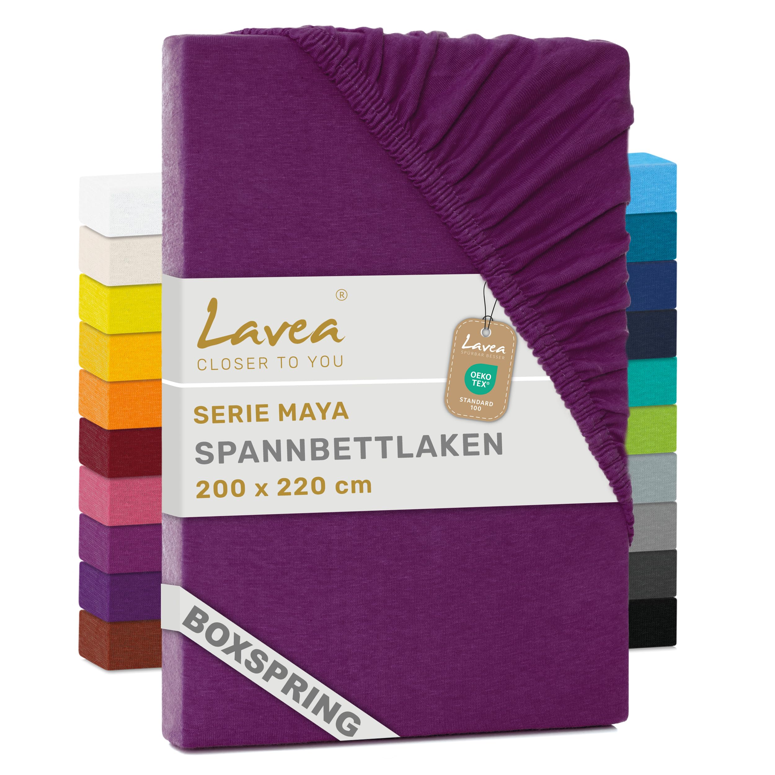 Lavea® Spannbettlaken 200 x 220 cm Maya Jersey, Boxspringbetten, Wasserbetten, Bettlaken aus 100% Baumwolle, mit Rundumgummi für Matratzen bis 35 cm, atmungsaktiv, Spannbetttücher, Fliederlila