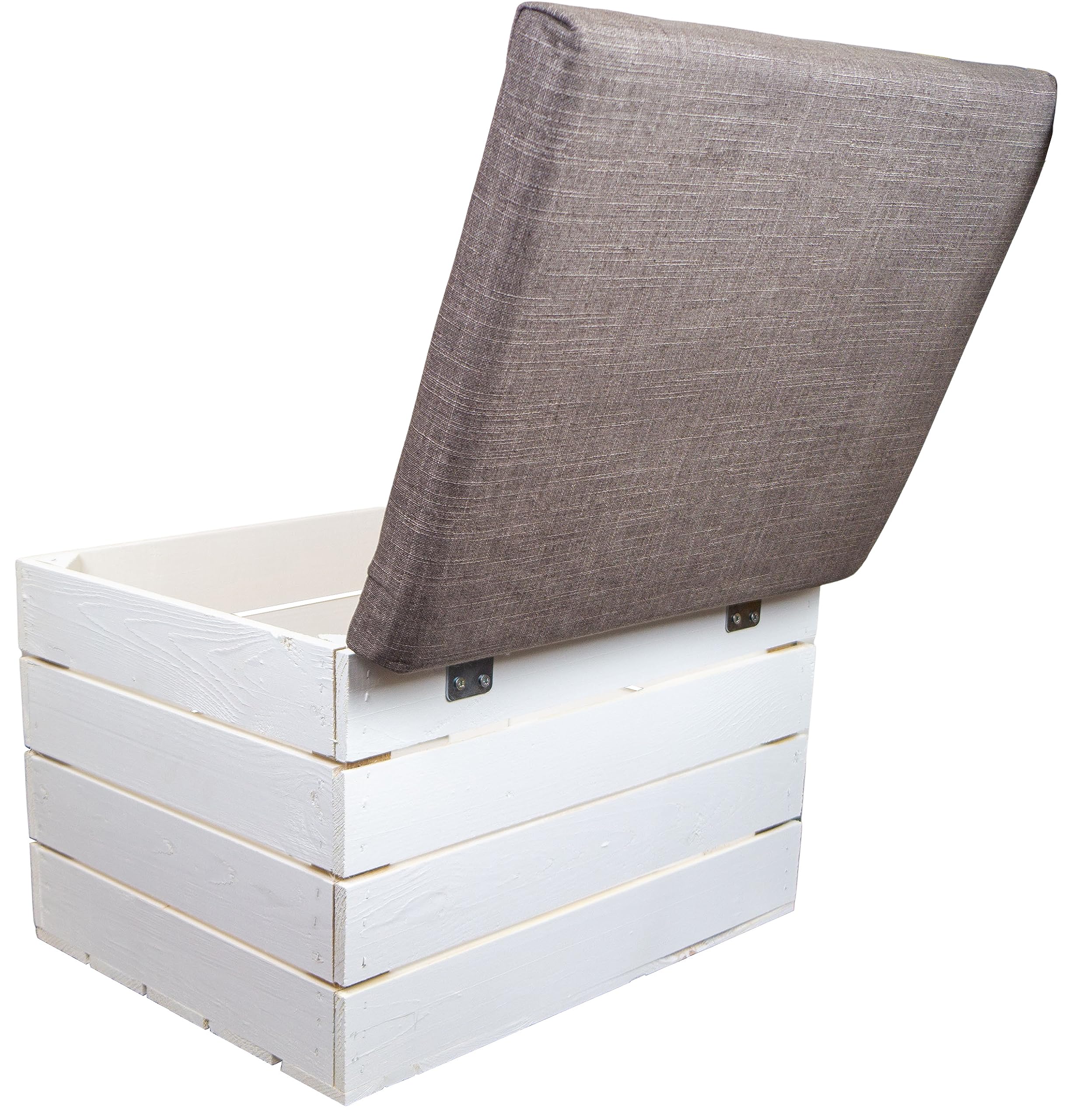 Kistenkolli Altes Land Sitztruhe Mit Stauraum, Maße 34x35x48 Cm, Faltbarer Holzsitzhocker, Obstkiste, Belastbar Bis 150 Kg, Klappbarer Deckel, Aufbewahrungsbox (Weiß)