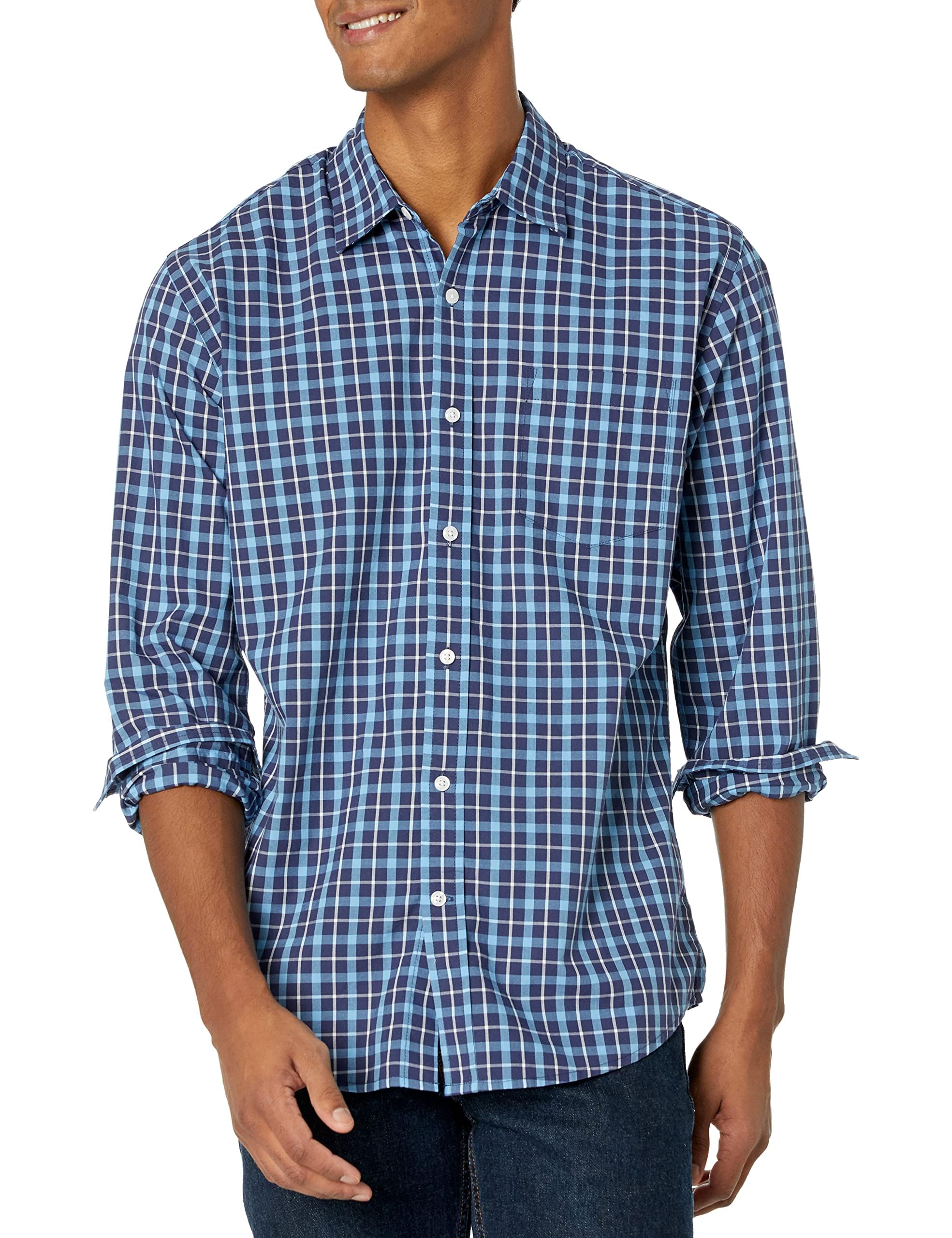 Amazon Essentials Men's Regular-Fit Long-Sleeve Casual Poplin Shirt, Blue Plaid, XS