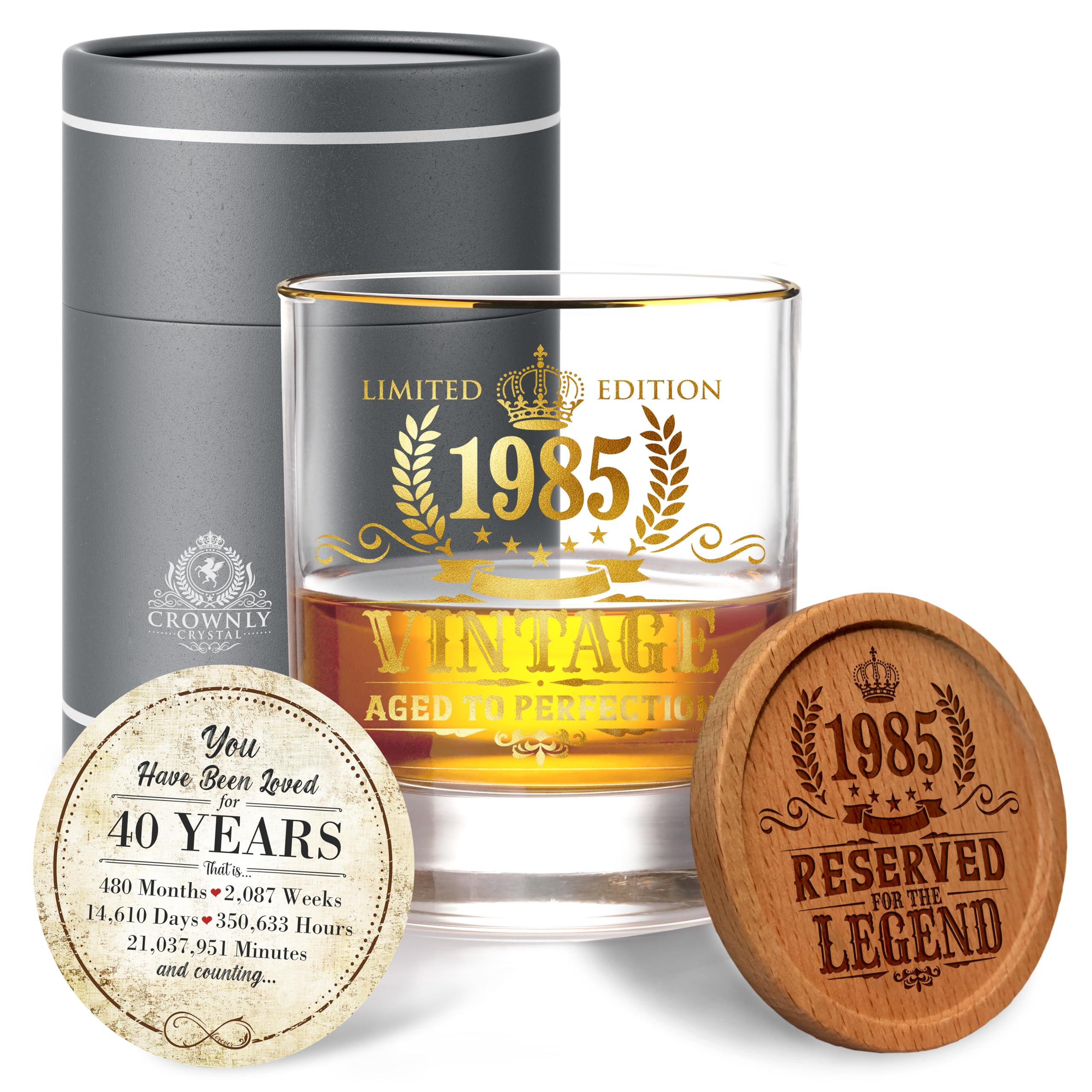 CROWNLY CRYSTAL® 1985 Regalos Originales De 40 Cumpleaños Vasos De Whisky Cristal Regalos Personalizados Regalos Para Hombre Decoracion 40 Cumpleaños Regalo Hombre Regalo Padre
