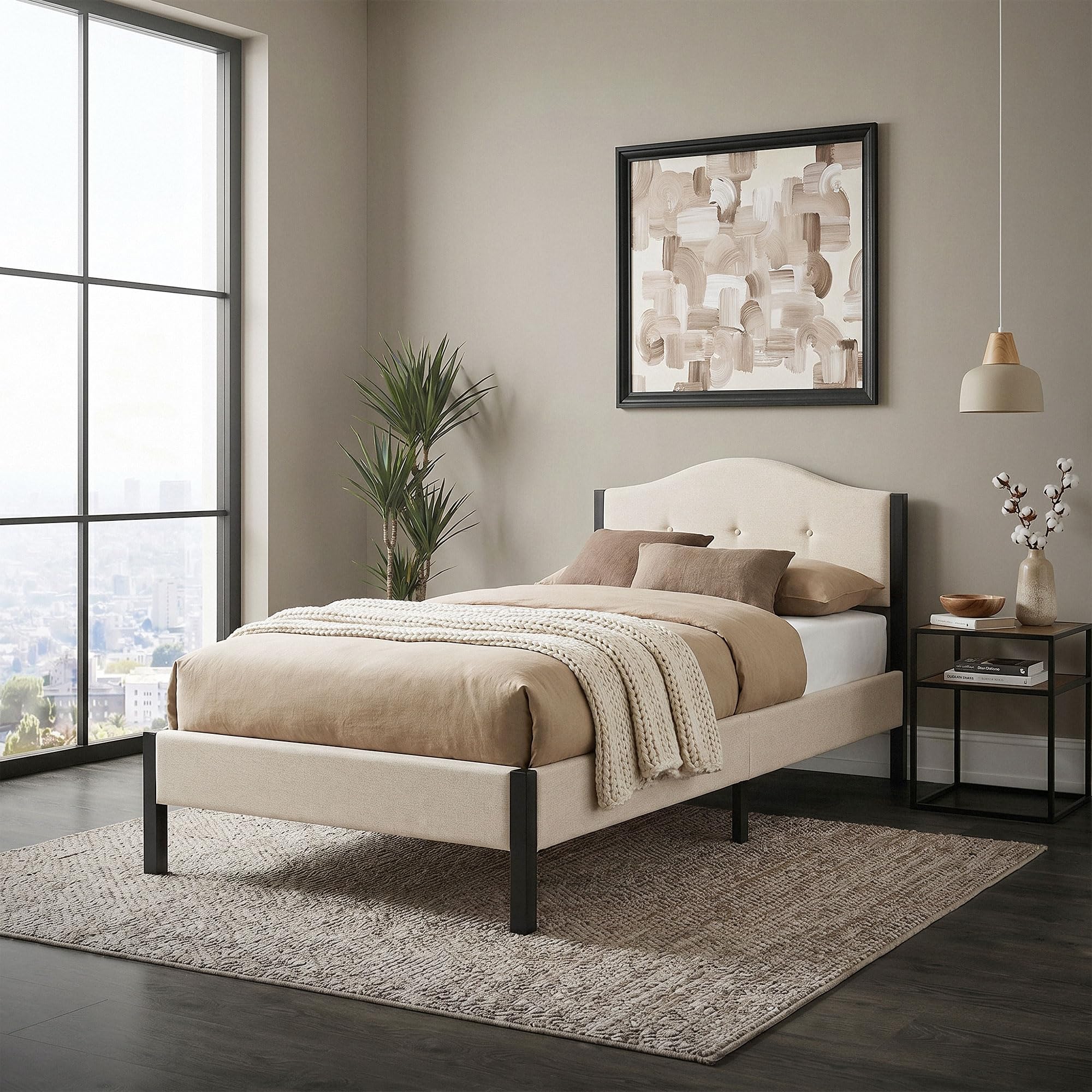 ML-Design Letto 90x200 cm, Giroletto Singolo, Struttura Robusta, Testiera Imbottita e Rete a Doghe, Telaio in Acciaio e Tessuto di Lino, Beige, Spazio di Archiviazione Sotto il Letto, per Cameretta