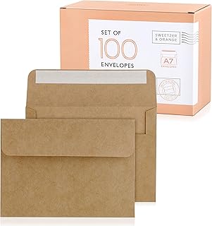 Sweetzer & Orange, Kraft Envelopes Self Seal. 100x Envelope with Box. Mailing Envelopes 5x7 (True 5.25 x 7.25 in.) Brown 150gsm Self Sealing Envelopes, Blank A7 Envelopes for Invitations and Wedding