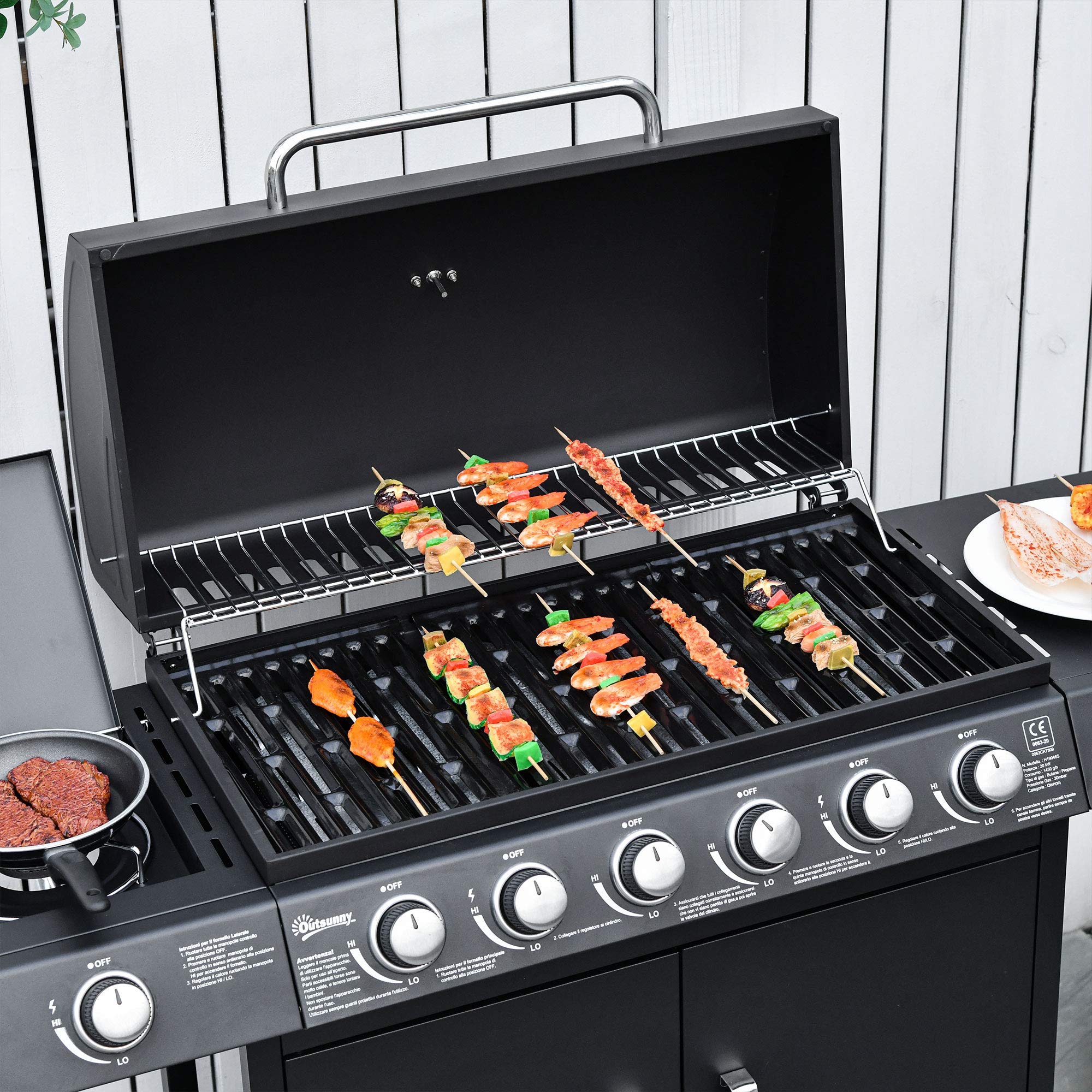 Outsunny Barbacoa de Gas Carro Barbacoa con 6 quemadores 1 Quemador Lateral Armario Multifunción Metal Negro 135 x 50 x 100 cm