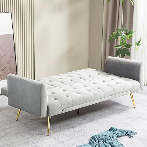 Miniatura 5 de Sofá cama futón de terciopelo de 72 pulgadas, sofá cama plegable convertible, moderno sofá biplaza reclinable copetudo con patas cromadas doradas