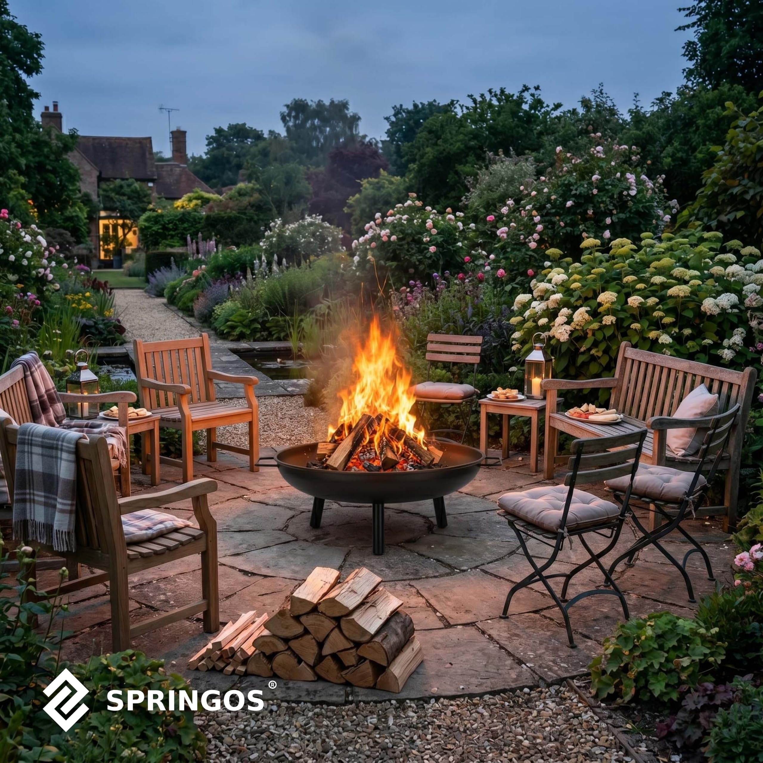 Brasero de jardín de 58 cm, brasero portátil, para exteriores, redondo, de acero, para terraza, camping, hoguera, patio, calefacción de jardín, color negro SPRINGOS