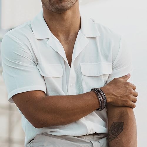 Miniatura 2 de Speroto Pulsera ajustable de cuero para hombre con cierre de acero inoxidable, multicapa trenzada de cuero genuino para hombres y mujeres