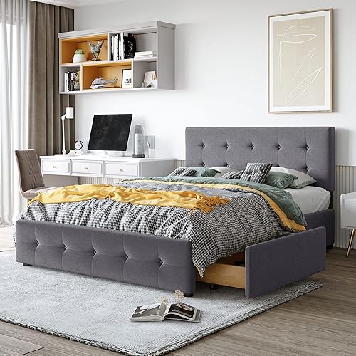 Miniatura 15 de Cama de plataforma de almacenamiento tamaño Queen con 4 cajones, cama tapizada de tela de lino con cabecera clásica, marco de cama de madera de