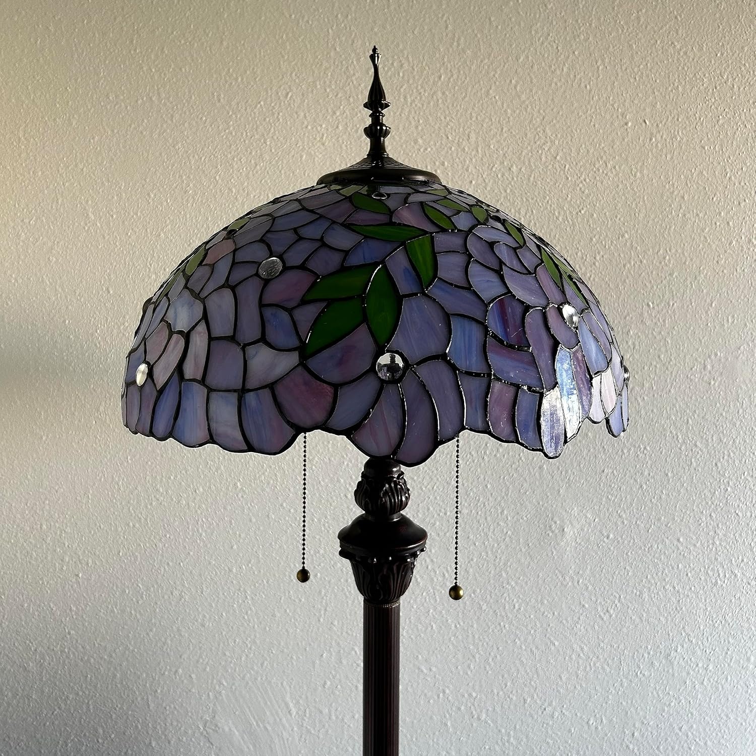 Purple Stained Glass Floor Lamp Green Leaves Metal Base LED Bulbs Included for Living Room Bedroom 16" W*16" D*64" H