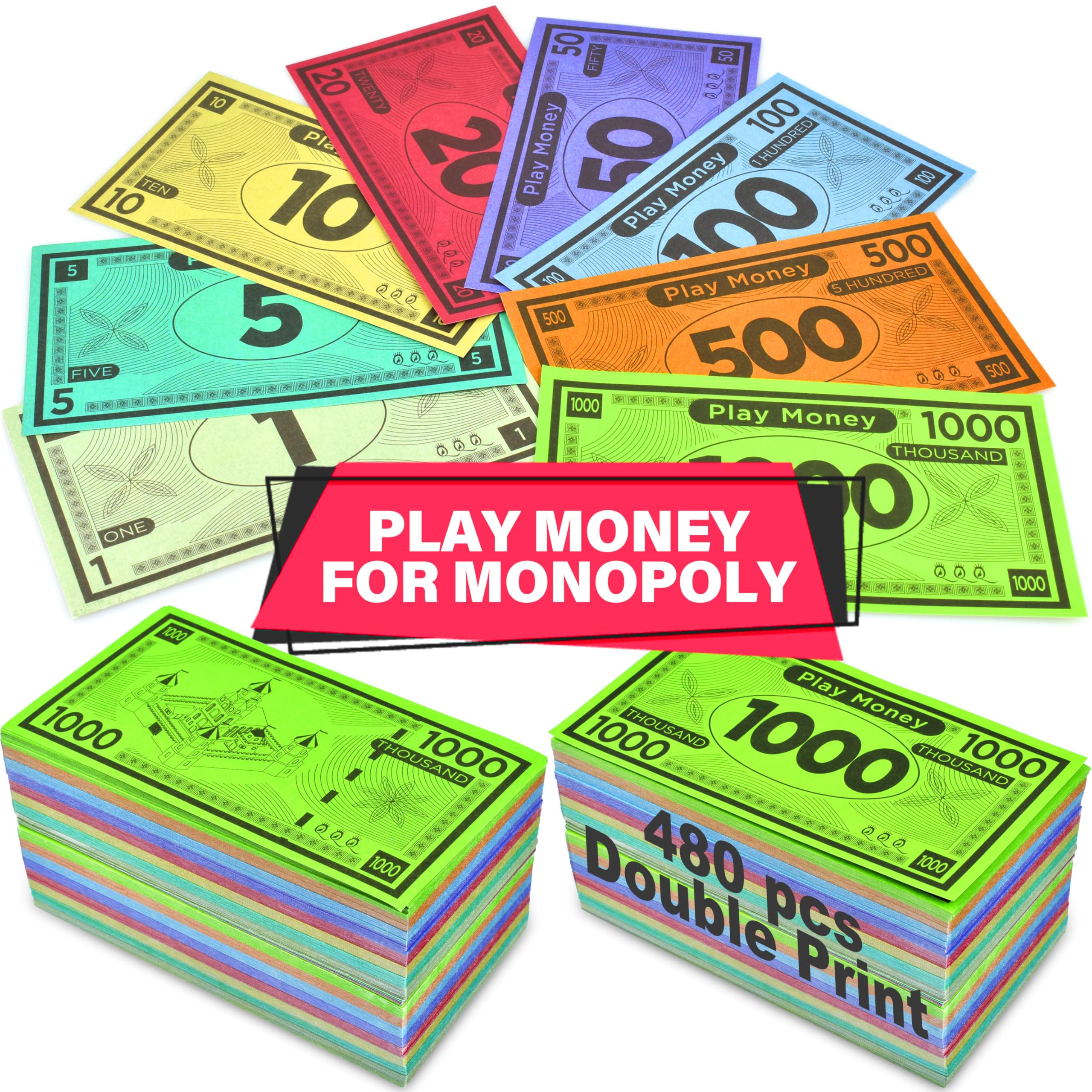 Queensell Play Money Suitable for Monopoly Board Game – 480 pcs of 60 Each Bill Denomination – Double Sides Printing Paper Money for Pretend Play Cashier, Monopoly Money Refill Packs - 480 pcs