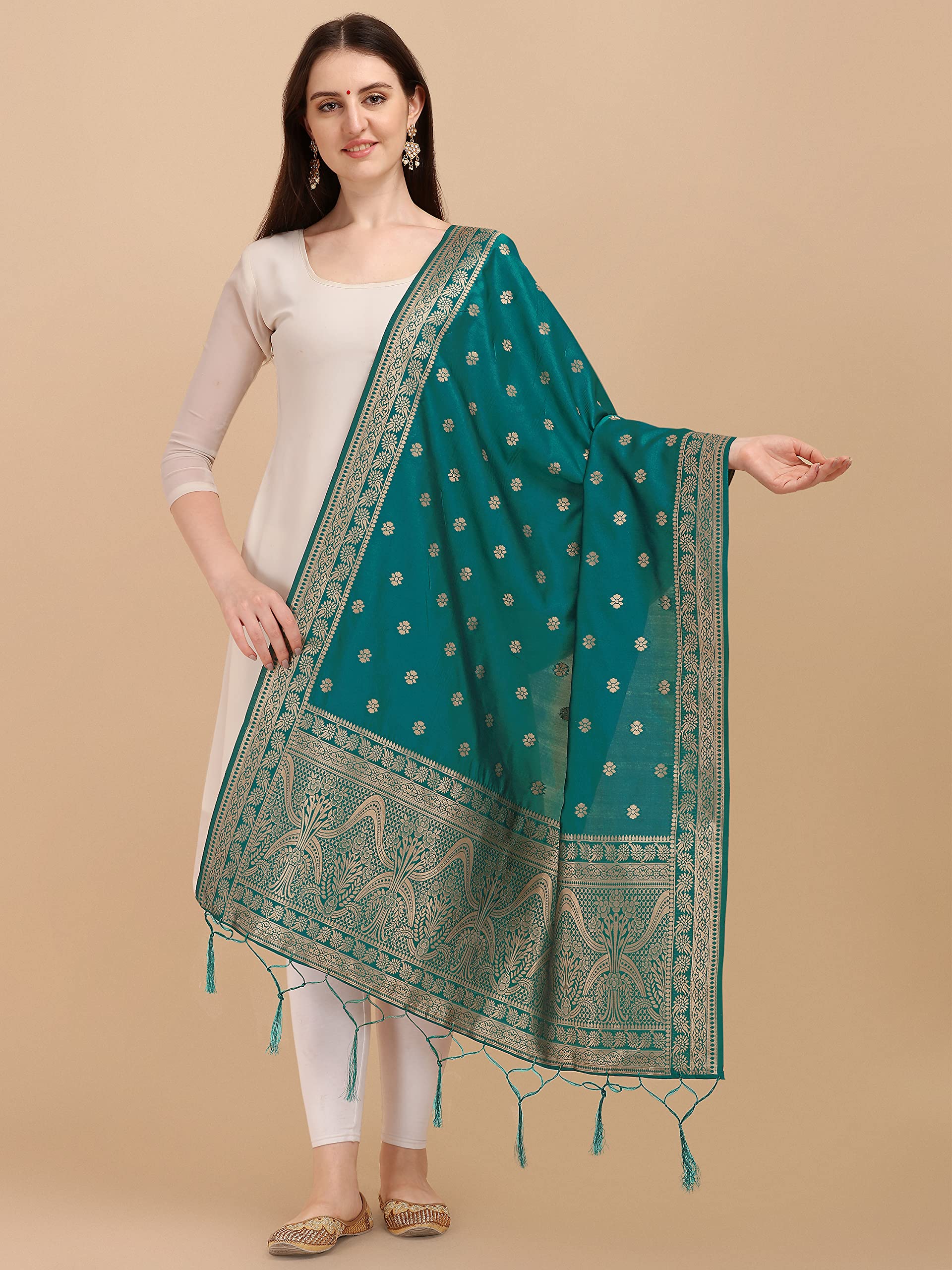 DEVANGI Women's Woven Banarasi Silk Zari Dupatta/Chunni, Width 1 Meter, Length 2.5 Meter (OM-DT-06-RAMA) 3