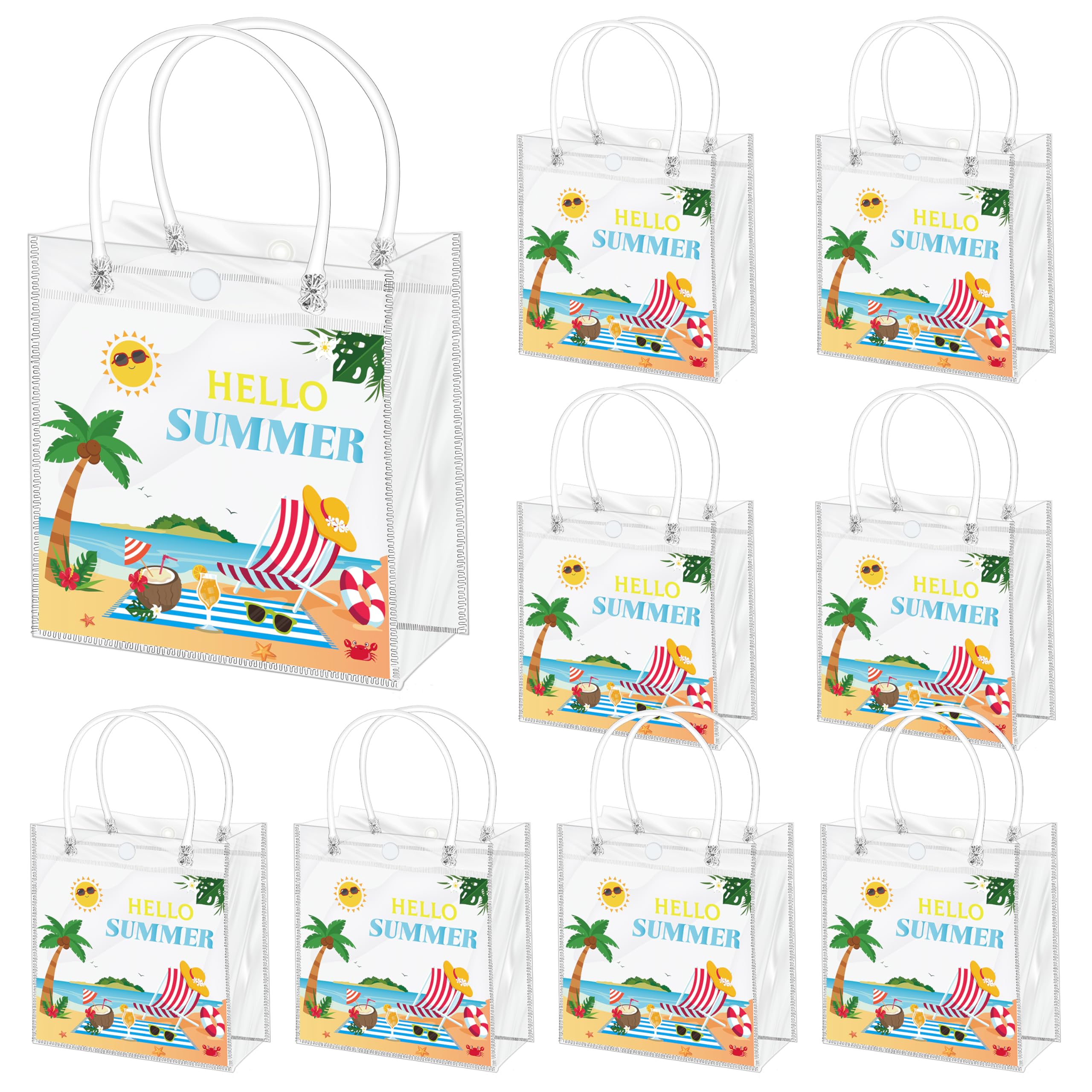 H1vojoxo Hello Summer Gift Bags - 24PCS Sunny Beach Clear Gift Bags with Handles 7.87 x 3.2 x 7.87 Inch Reusable PVC Plastic Transparent Waterproof