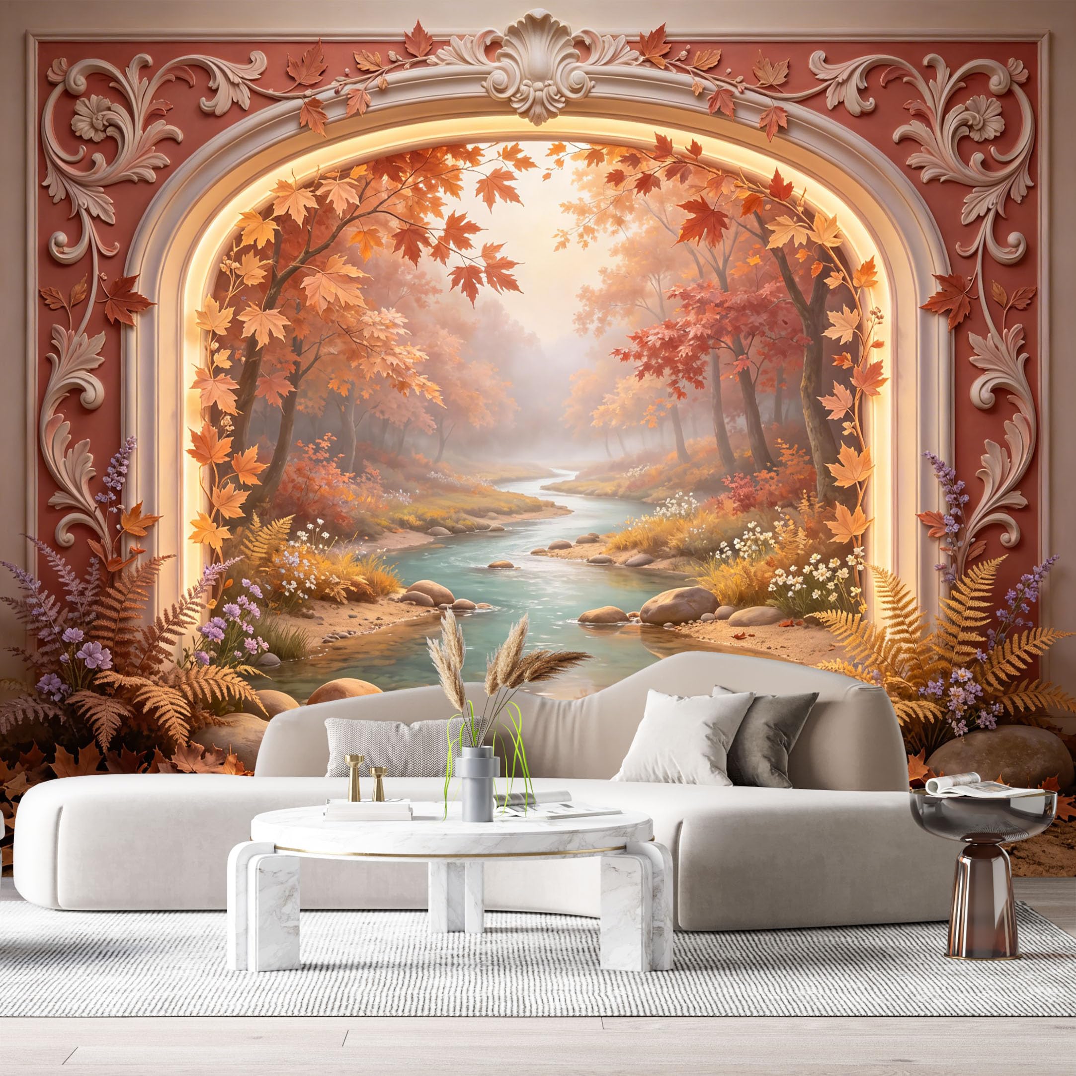 Custom Size Wall Murals Autumn Forest Stream Landscape 3D Trompe L'Oeil SelfAdhesiveWall Fabric Removable Wallpaper Wall Decor for Living Room Bedroom Bathroom