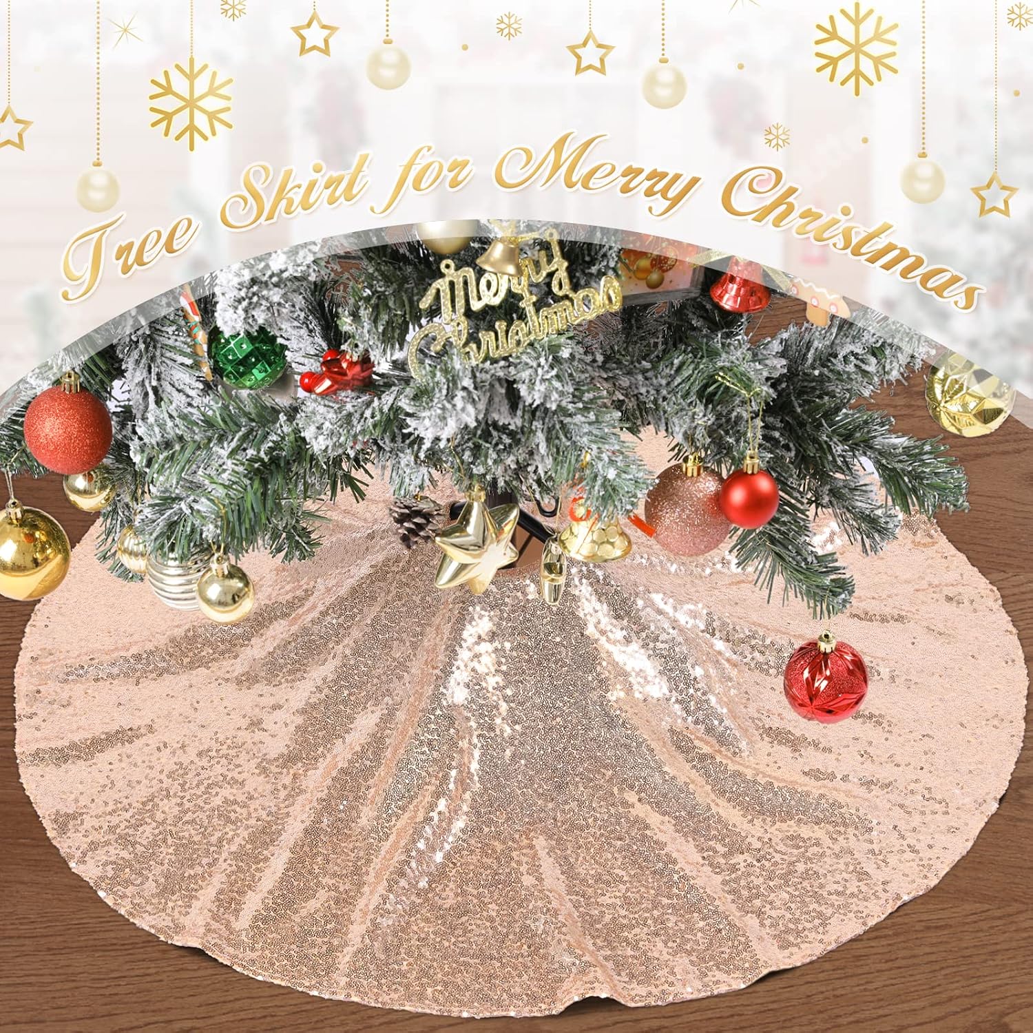 48 Inch Christmas Tree Skirt Rose Gold Sequin Tree Skirts Plus Xmas Tree Decorations Holiday Party Ornaments for Outdoor