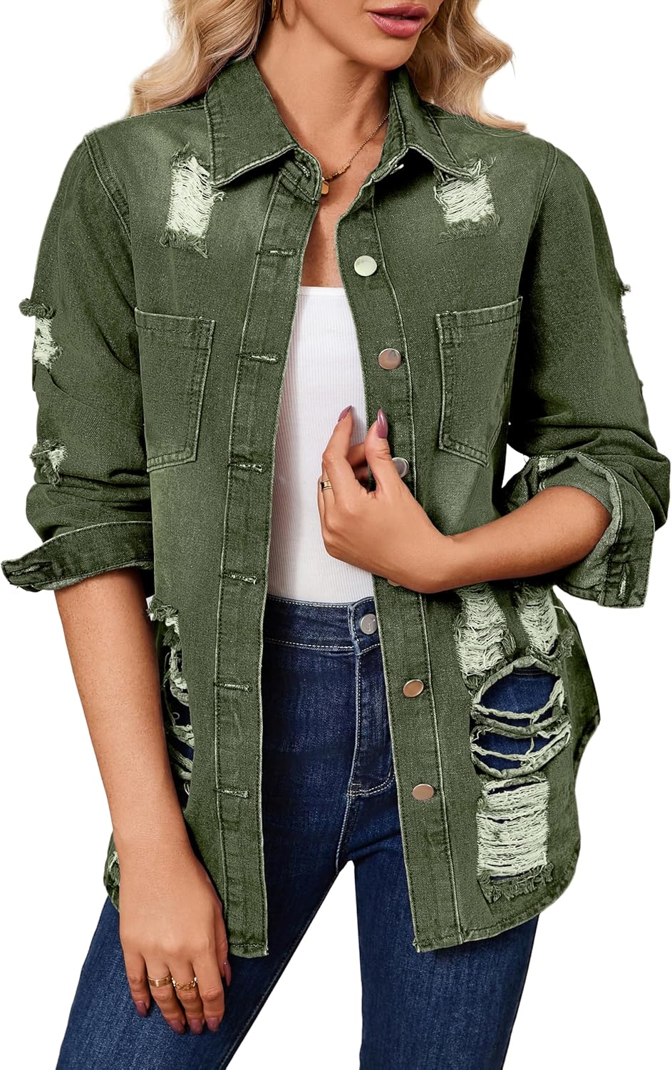 sexycherry Denim Jacket for Women Long Sleeve Classic Trucker Jeans Long Coat Outwear with Pockets - Image 4