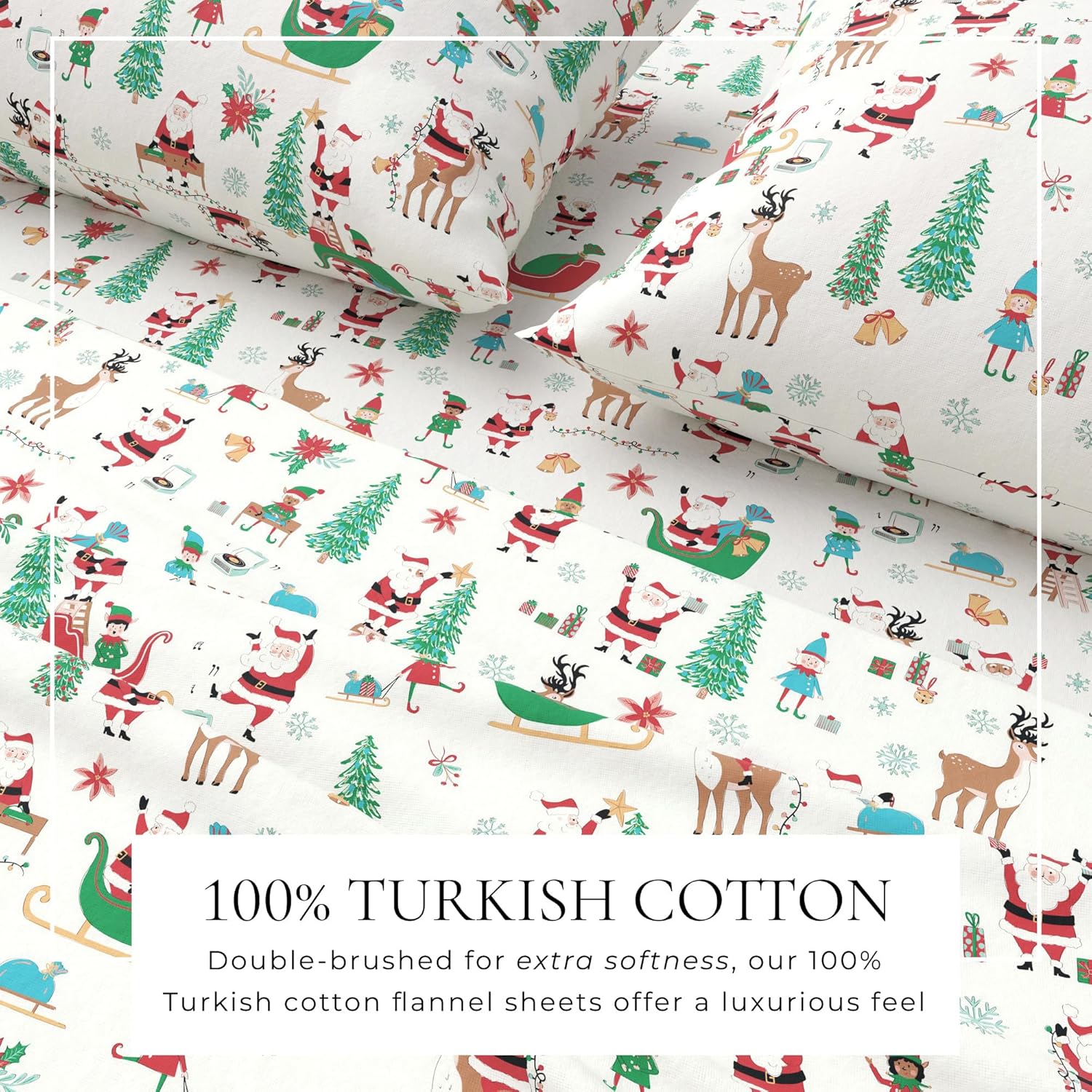 Great Bay Home Christmas Flannel Sheet Set Twin Size - 100% Turkish Cotton, Double-Brushed, Winter Bed Sheets - Ultra-Soft, Cozy, 3-Piece Holiday Bedding Set (Santa Joy).