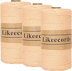 Likeecords Fio de crochê 100% algodão para bolsa, 3 rolos/pacote de 2 mm x 510 m, cordão de macramê, fio grosso para bolsa de crochê, bolsa, projetos de artesanato de cobertores (inulina)