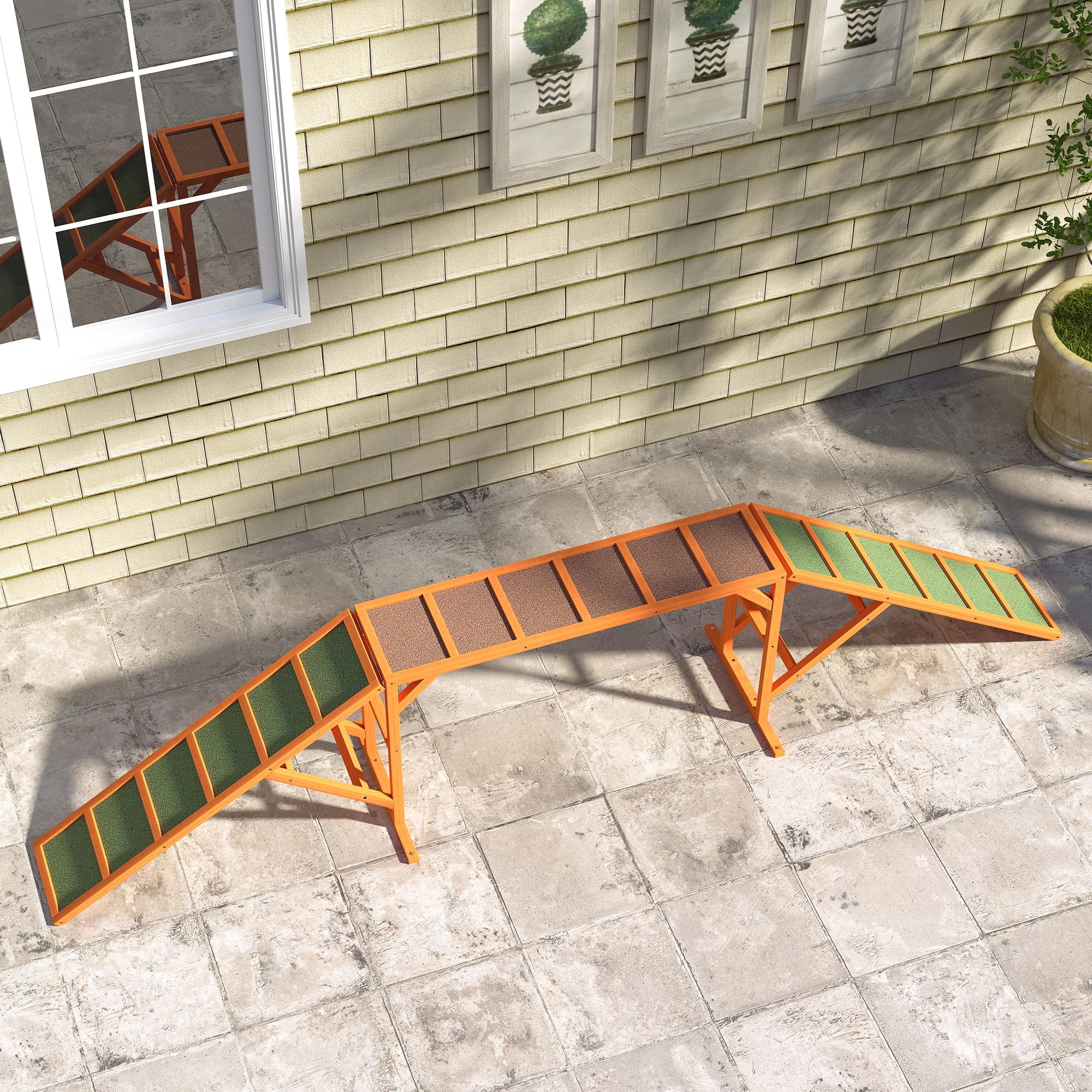 PawHut Hunde Agility Steg Agility-Ausrüstung für Hunde mit Sicherheitsstange Rutschfester Oberfläche wetterfest Agility-Gerät als Laufsteg & Trainingsequipment bis 40 kg für Garten 335x55x60cm Orange