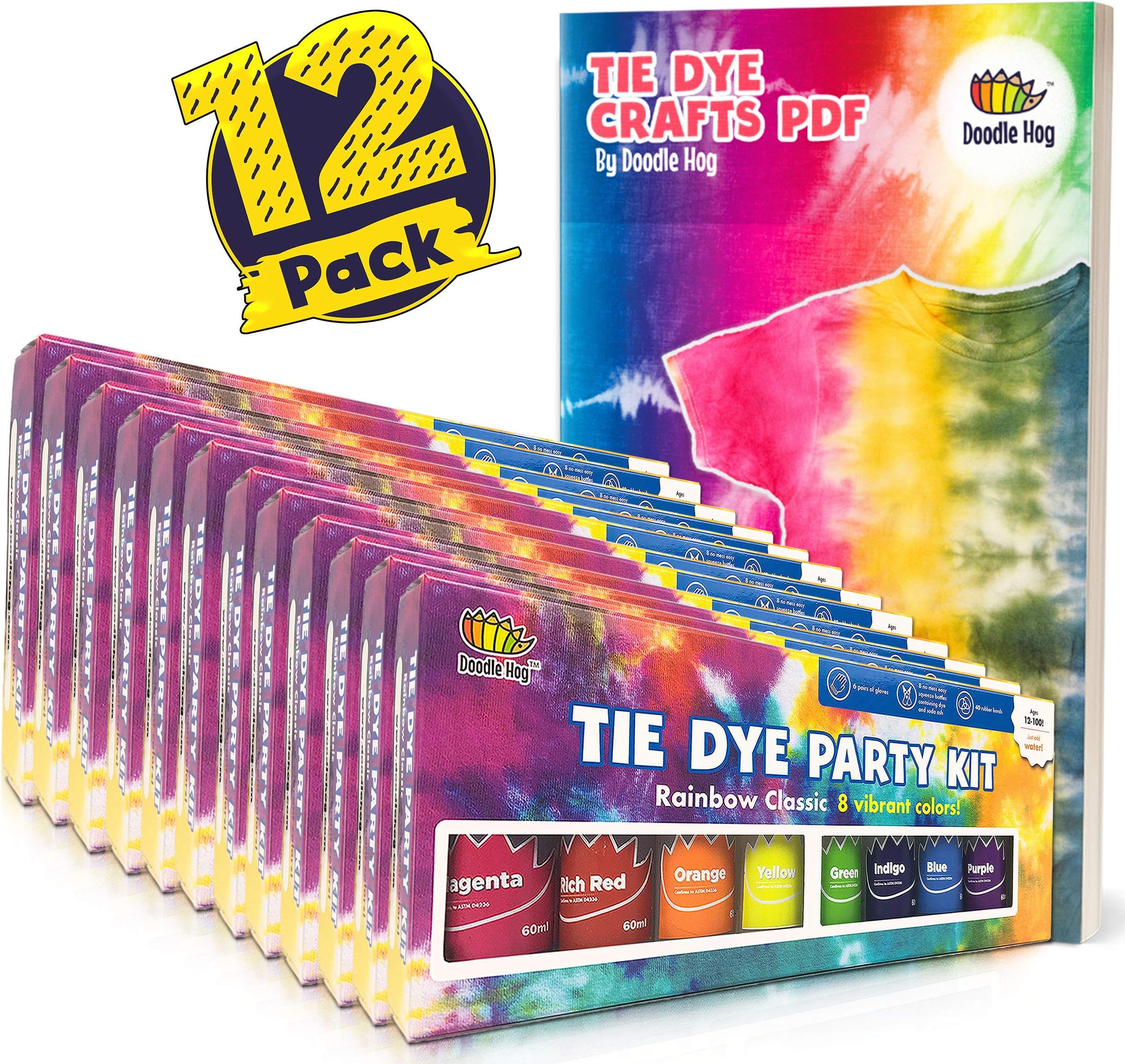 Easy Tie Dye Party Kit for Kids Adults, and Groups. Create Vibrant Designs with Non-Toxic Dye. 12 Packs Includes 96 Bottles of Tie Dye Ink (8 Colors Per Pack)! Beginner-Friendly: Just Add Water!