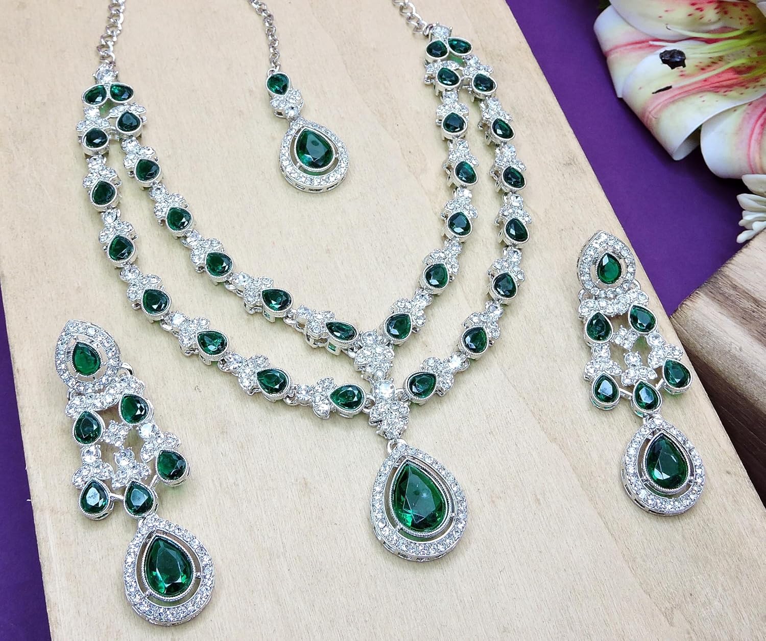 Parshwa Creation Indian Silver Jewelry Set Rhodium-Plated Green Resin Beads, Rhinestone Necklace, Earrings, Maang Tikka - Bridal & Wedding Jewelry Set For Women, Prom & Wedding Guest Accessories