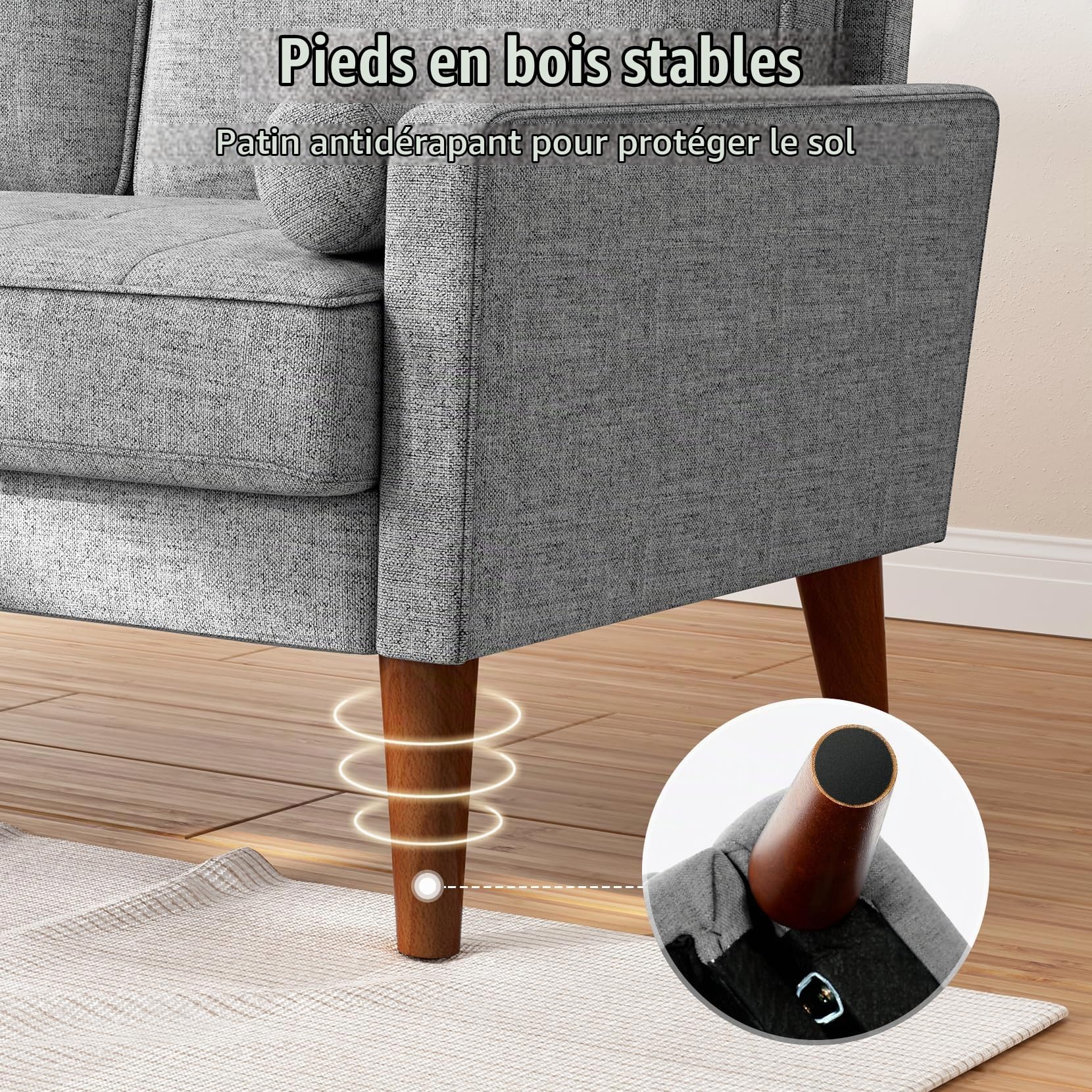 Vesgantti Canapé 2 places moderne, gris clair, avec 2 coussins de jeter, petit canapé en tissu, accoudoirs, boutons, coussin d'assise, canapé d'invités, pour salon, appartement, bureau, 121 x 77 x 87