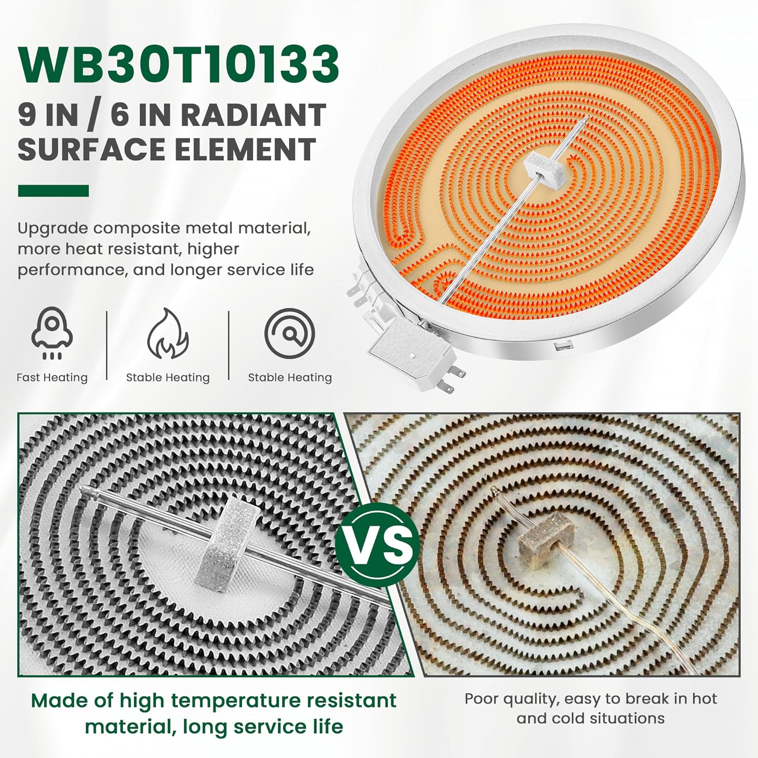 WB30T10133 9in Dual Range Radiant Surface Element Compatible with G-E Hot-point Electric Stove Glass Cooktop, Range radiant element 9in Replace 1474218 PS2321567 WB30X24111 Dual Element by Fetechmate