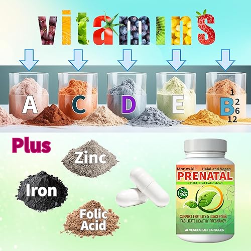 Miniatura 5 de 90 cápsulas, vitaminas multivitamínicas para mujeres, vitaminas prenatales halal para mujeres, suplementos con DHA y ácido fólico, vitaminas veganas