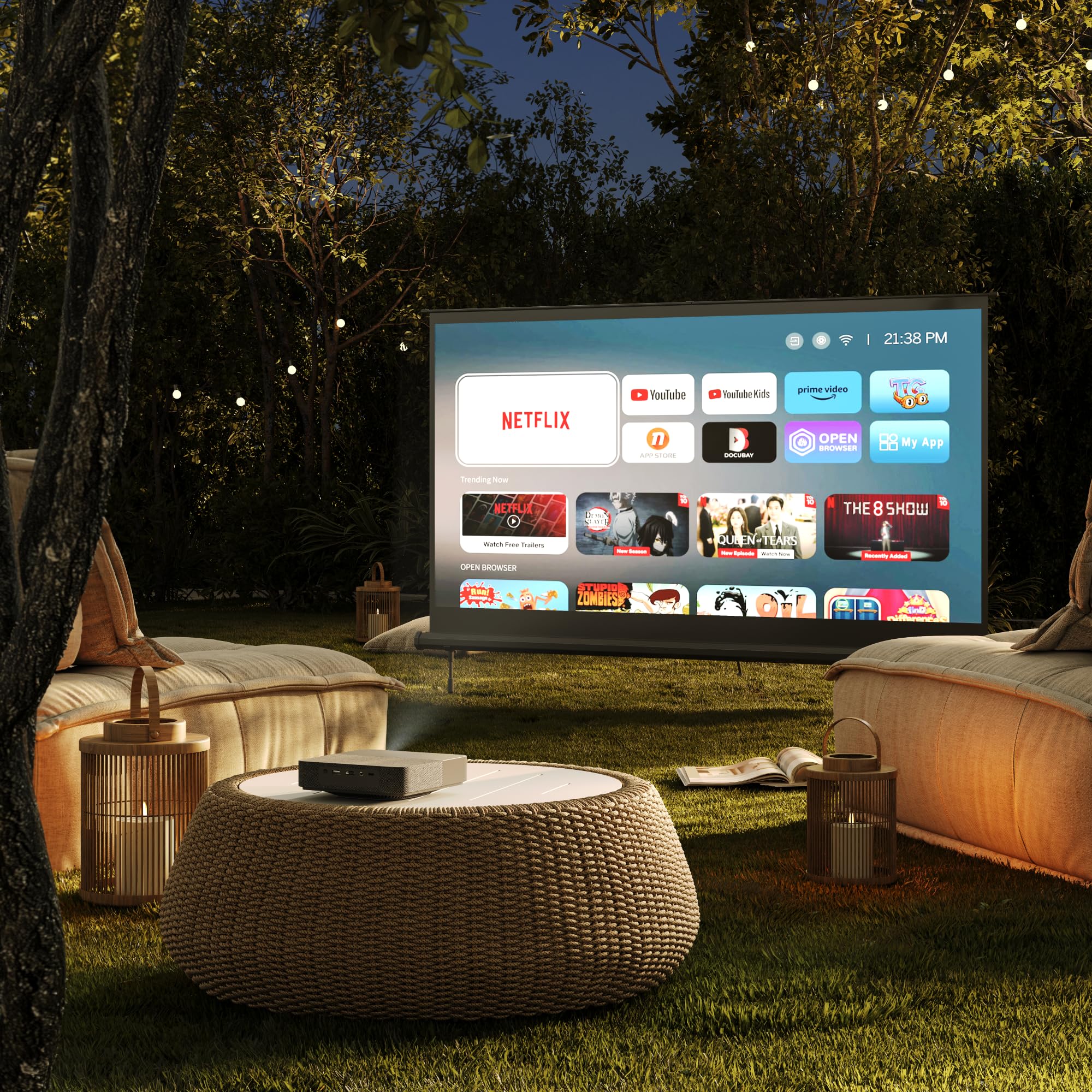 LOEWE We. Beam, Mini Beamer, Projektor, Full HD, ALPD Laser | Entwickelt in Deutschland, Mini Beamer, Full HD, ALPD Laser, 500 ANSI Lumen, Dolby Audio Lautsprecher, 40-120 Zoll, USB-C PD
