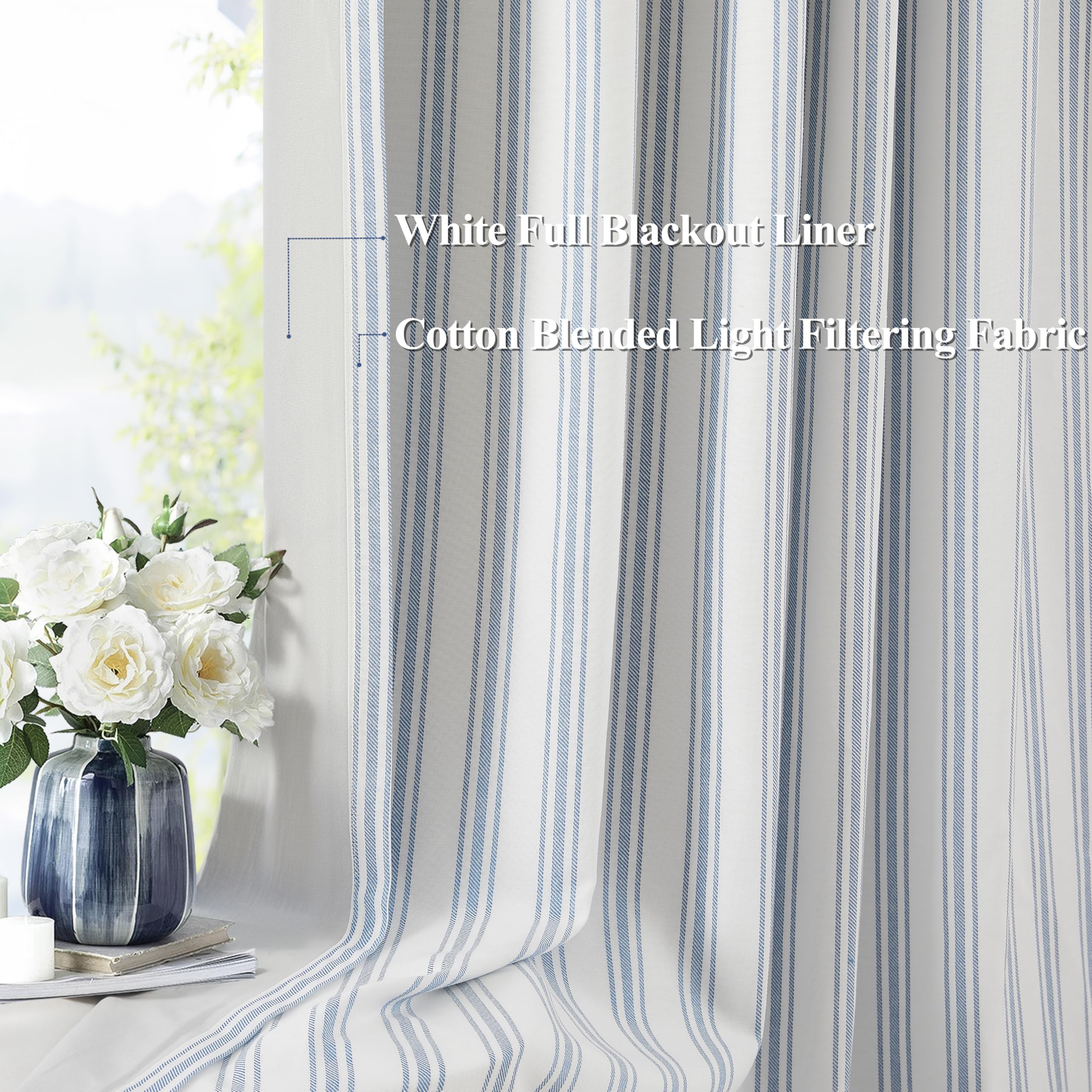 ZJDECOR Blue Striped Blackout Curtains 84 Inches Length,Ticking Stripe on White Cotton Blended Light Filtering Fabric with White Liner,Modern Bedroom Window Treatment,Back Tab Rod Pocket,55" Wx84 Lx2 - Image 2