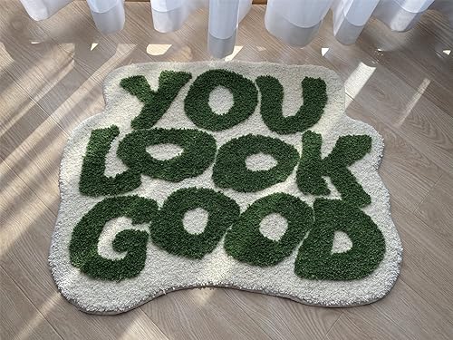 Miniatura 6 de Bathoom Rugs - Alfombra de baño verde con texto en inglés "You Look Good", antideslizante, lavable, absorbente, para ducha, pequeña, bonita, para