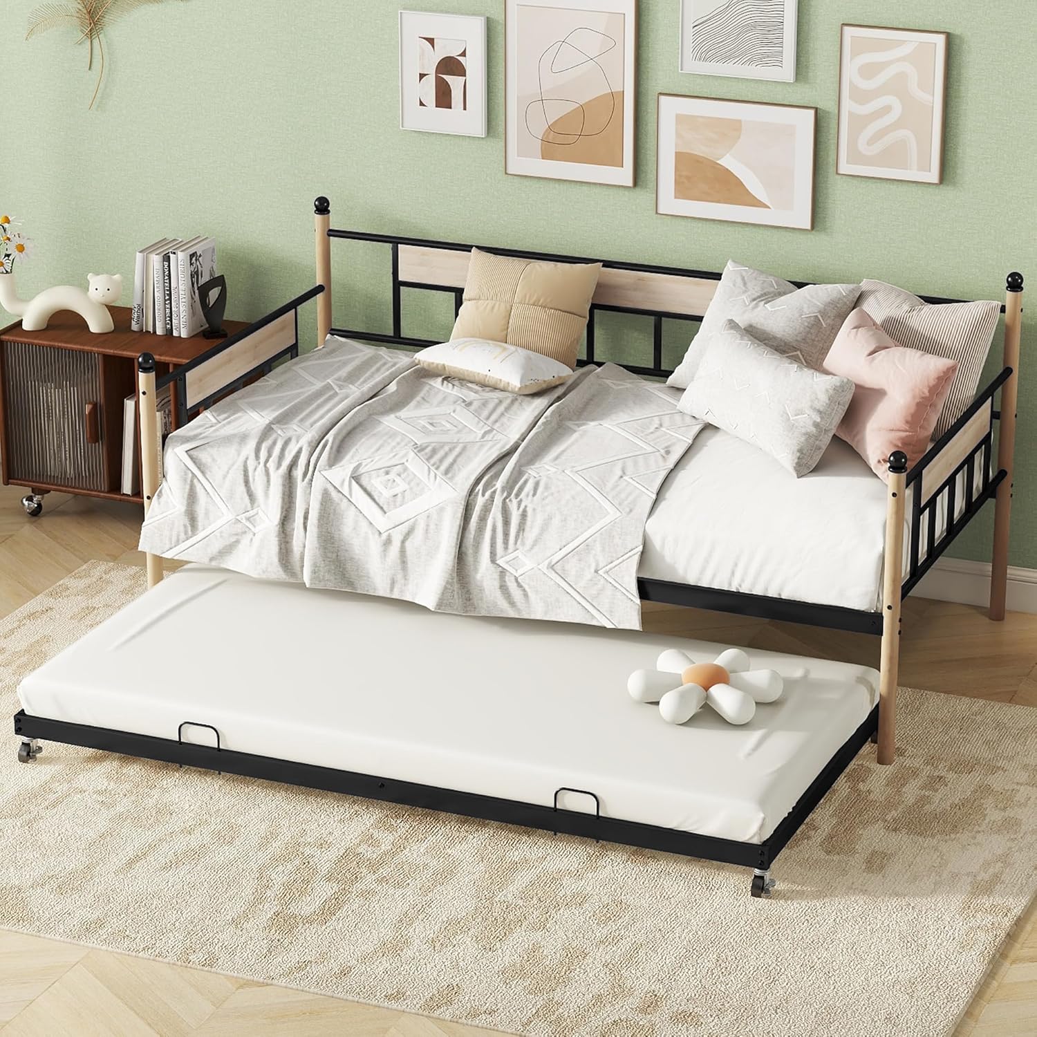 Twin Daybed with Trundle Bed Twin, Metal Daybed with Solid Pine Wood Legs, Twin Trundle Bed with 2 Wheels(2 Locking and 2 Non-Locking), Twin Size Day Bed for Kids, Girls, Boys, Black Daybed Twin Size Black Trundle Twin