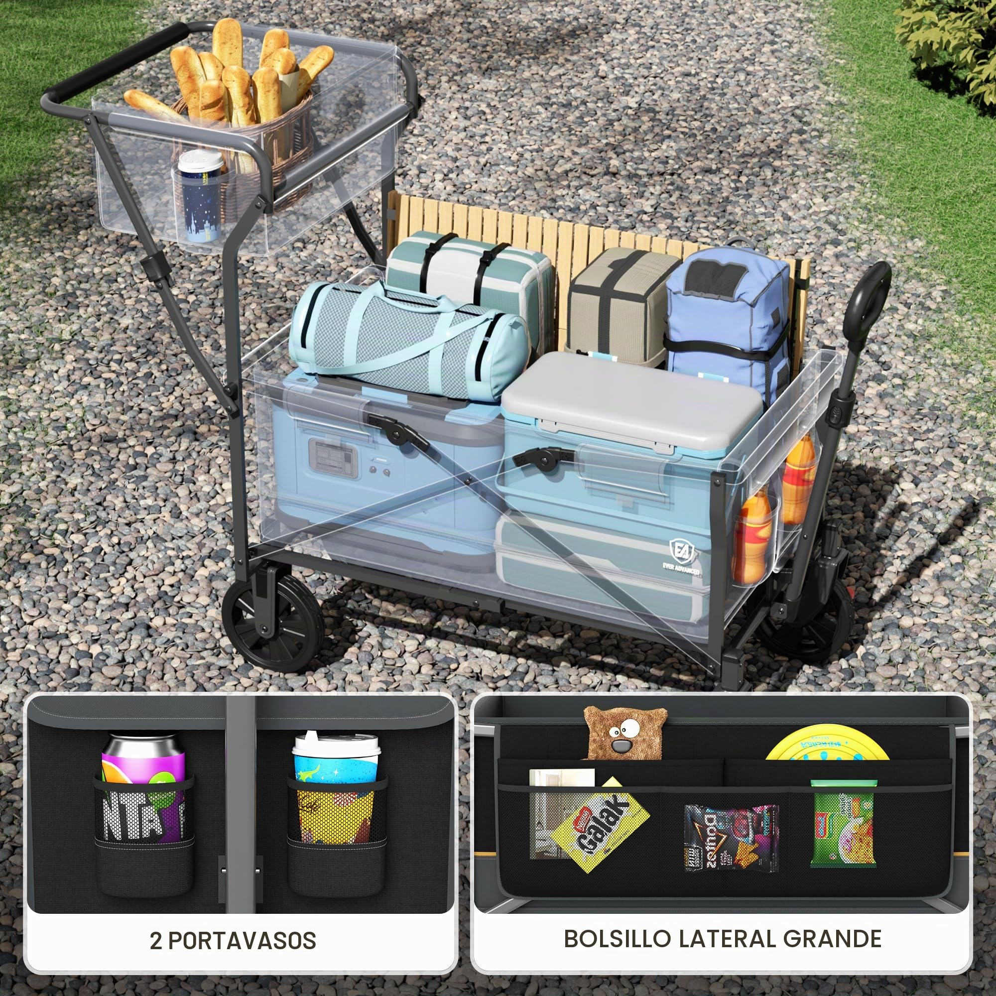 EVER ADVANCED Carro de Transporte Plegable Empujar&Tirar con Freno, Cesta de Compra, portavasos, Bolsillo Lateral, Carrito Plegable, Carro Playa hasta 100kg para Camping, Playa, Compras