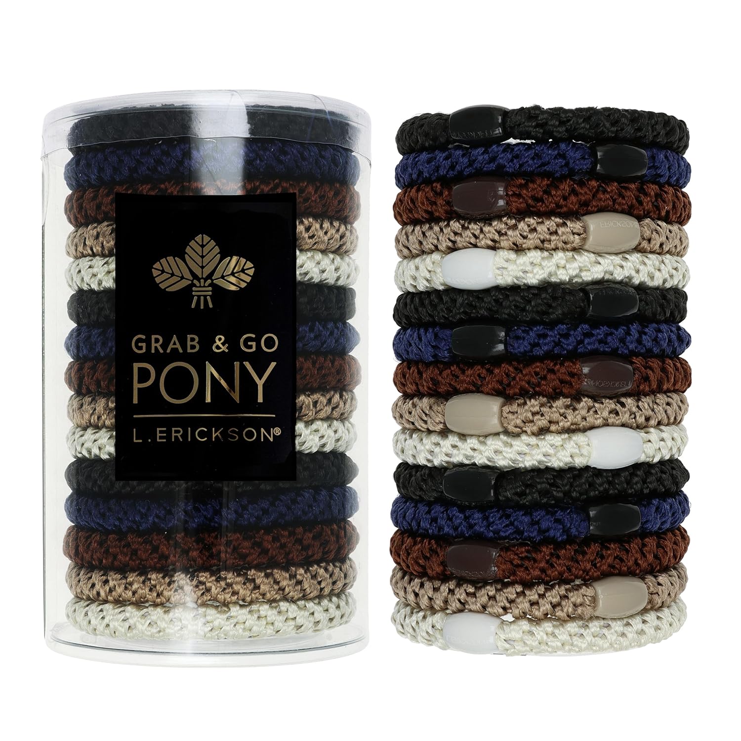 L. Erickson Hair Ties for Thick Hair, Grab & Go Pony Tube 15 Pack Neutral Tones - No-Crease Damage-Free Bands with Strong Hold for Women & Men, Neutral Pack