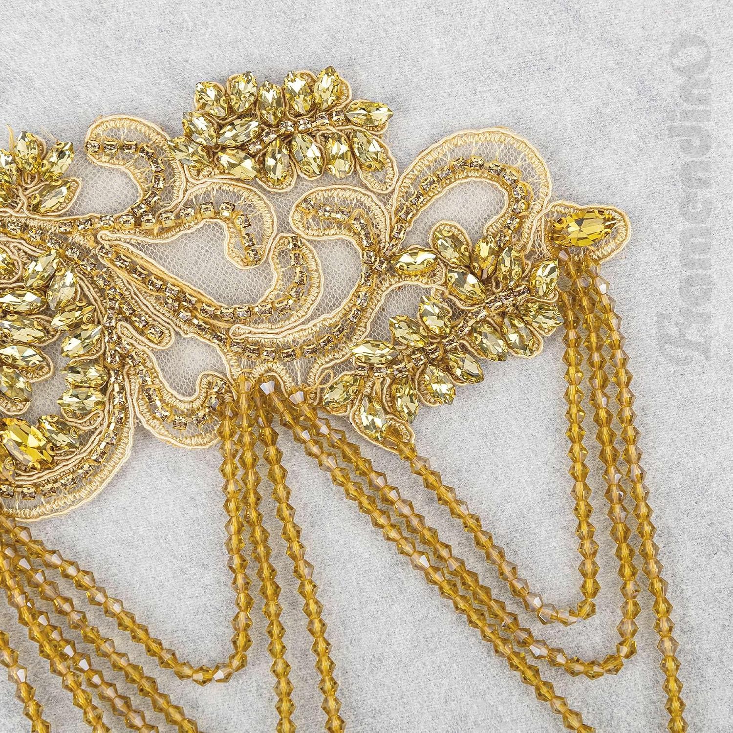 Framendino, AB Color Beaded Crystal Applique with Tassel Gold Bead Sew-on Appliqué Embellishment for Wedding Clothing Dress