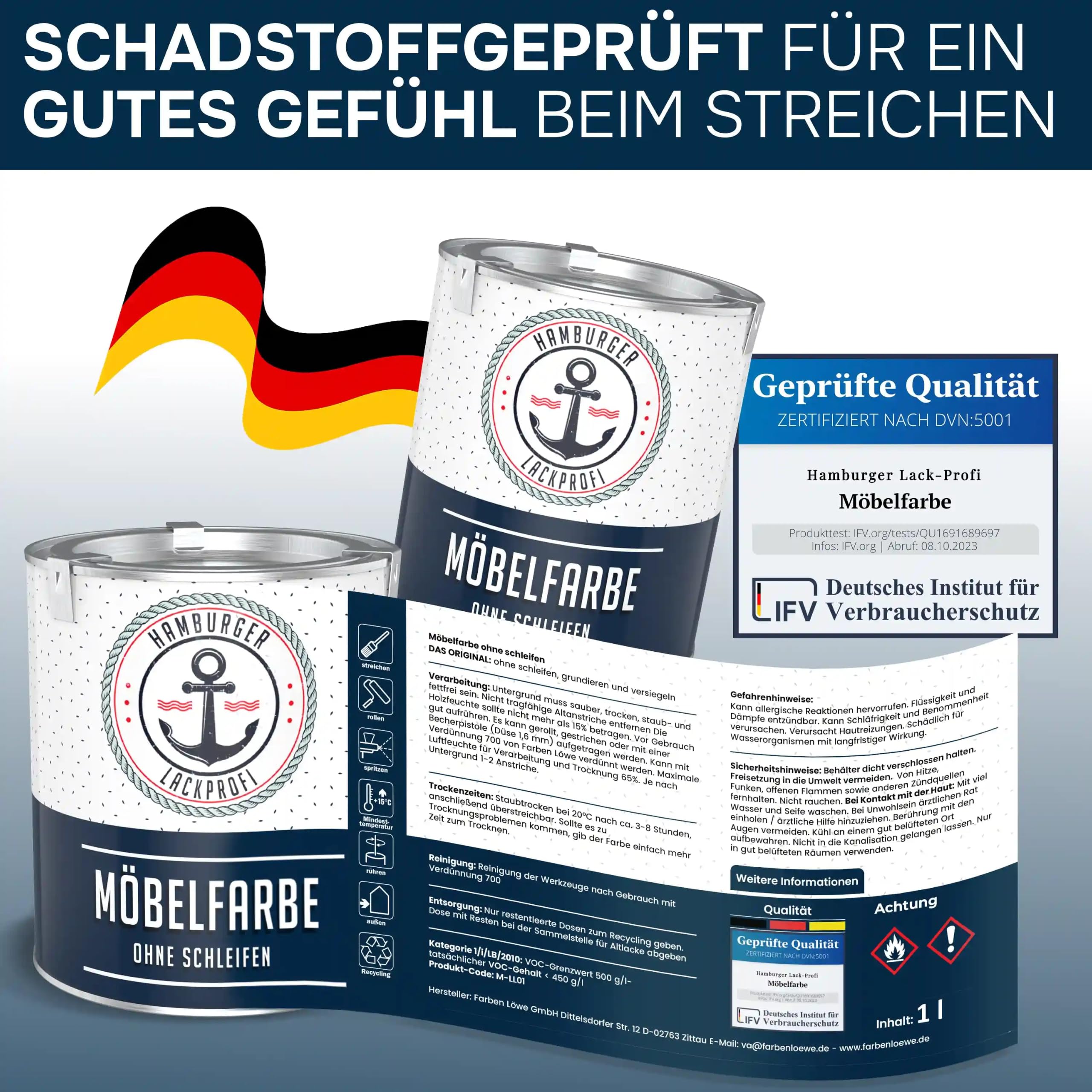Hamburger Lack-Profi Möbelfarbe ohne Schleifen Glanzauswahl Möbellack Holz Metall Innen Außen Set 2,5 L