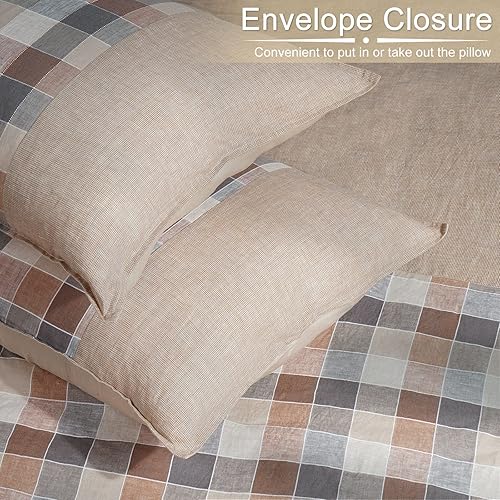 Miniatura 5 de Funda de edredón 100% lino francés puro lavado a la piedra, juego de ropa de cama suave, funda de edredón sin arrugas con cierre de botón (caqui, 1