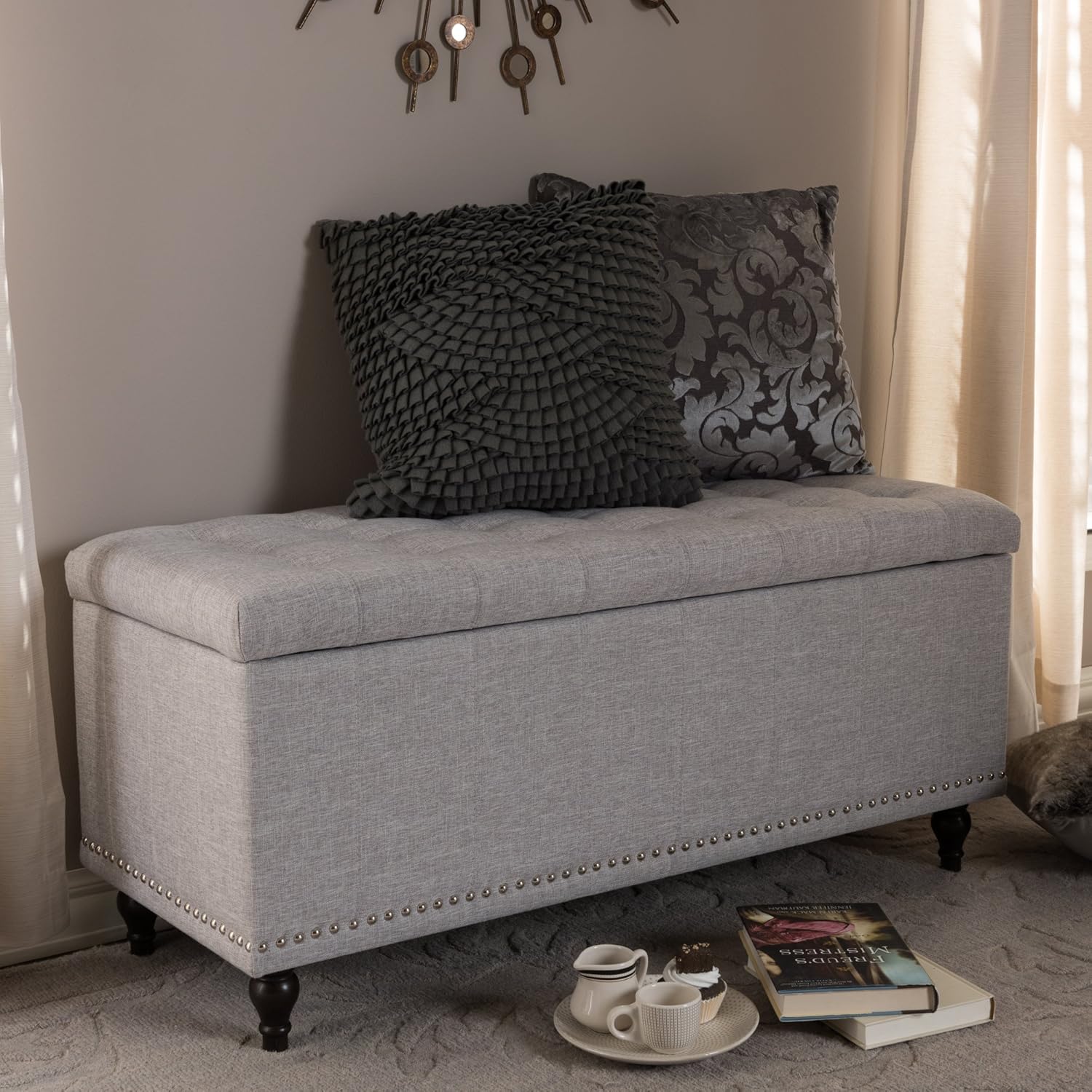 Baxton Studio Sherrill Modern Classic Greyish Beige Fabric Upholstered Button-Tufting Storage Ottoman Bench
