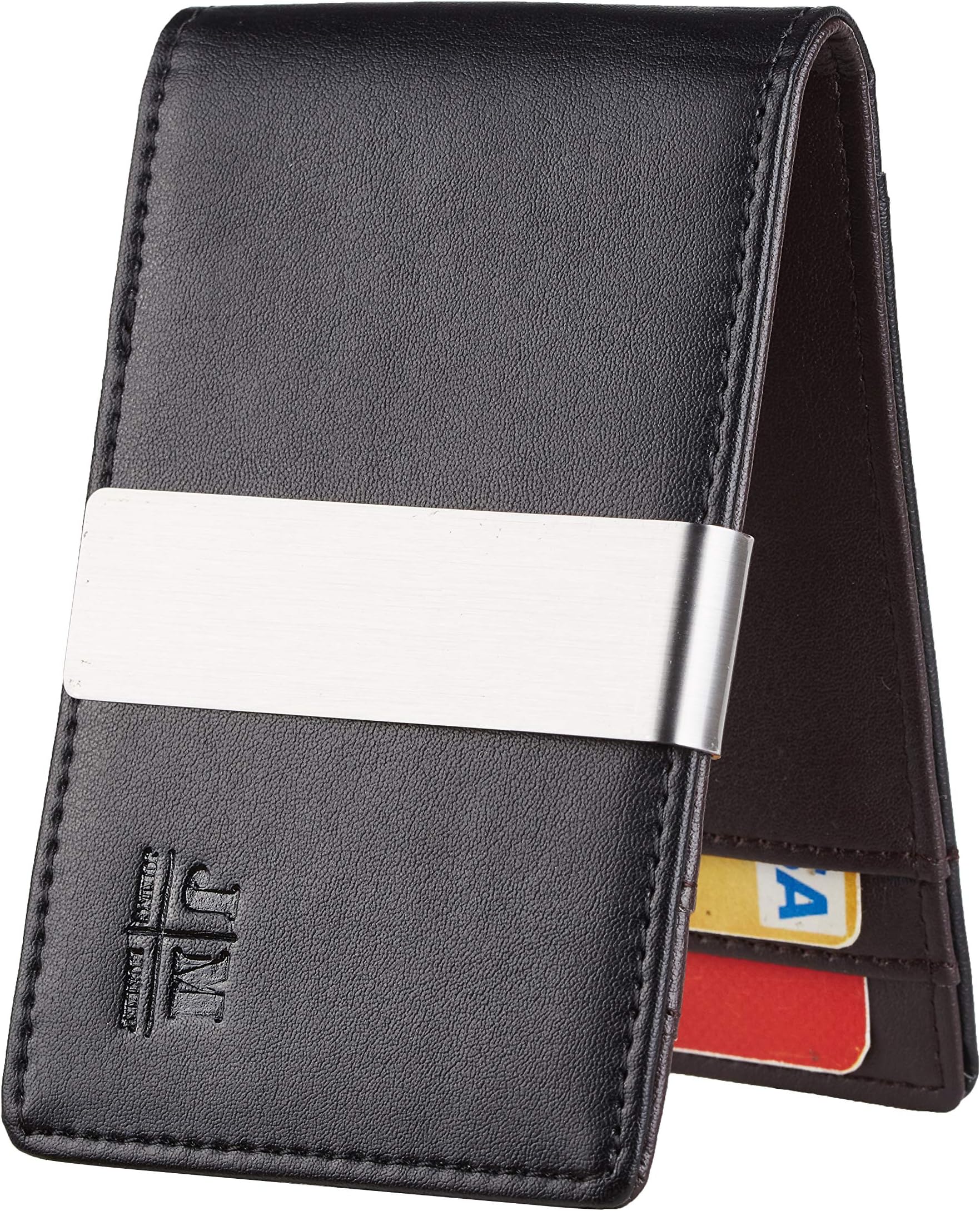 JM Minimalist Slim Leather Wallet Money Clip Credit Card Holder for Men RFID Blocking (napa black and coffee)