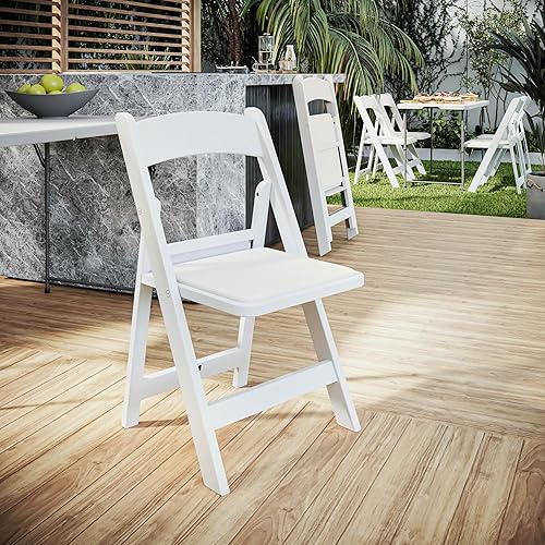 Miniatura 5 de Paquete de 4 sillas plegables de resina blanca con asiento acolchado, resistentes, resistentes a la intemperie, apilables, asientos de eventos para